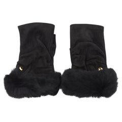 CAUSSE Gantier black soft suede leather chinchilla fur fingerless glove 6.5