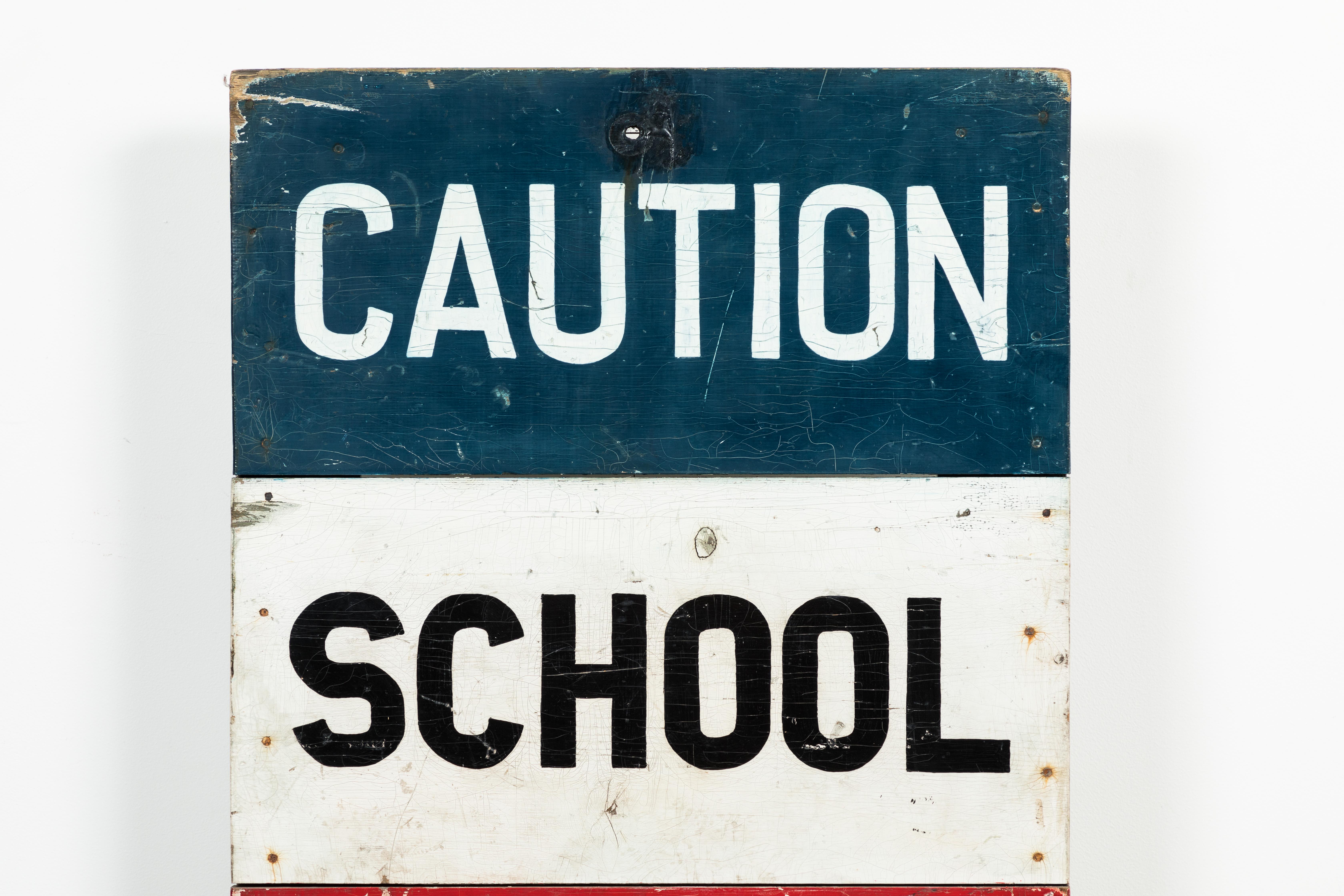 Chunky red, white and blue hand painted school safety zone sign. Super graphic and bold. Nice thick construction.