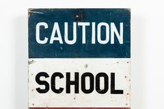 Caution School Zone WPA Style Wood Sign Red White and Blue Hand Painted