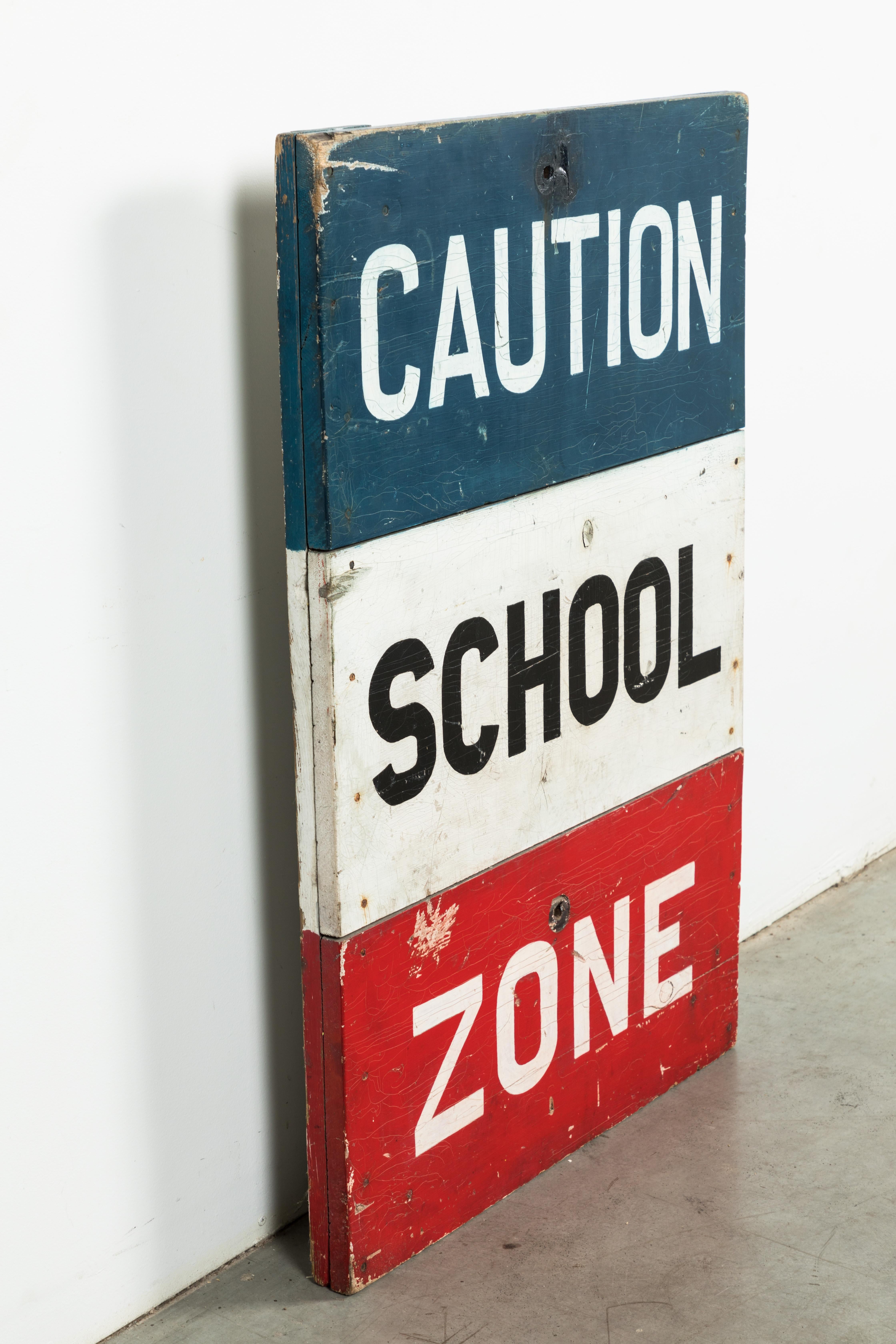 Hand-Painted Caution School Zone WPA Style Wood Sign Red White and Blue Hand Painted For Sale