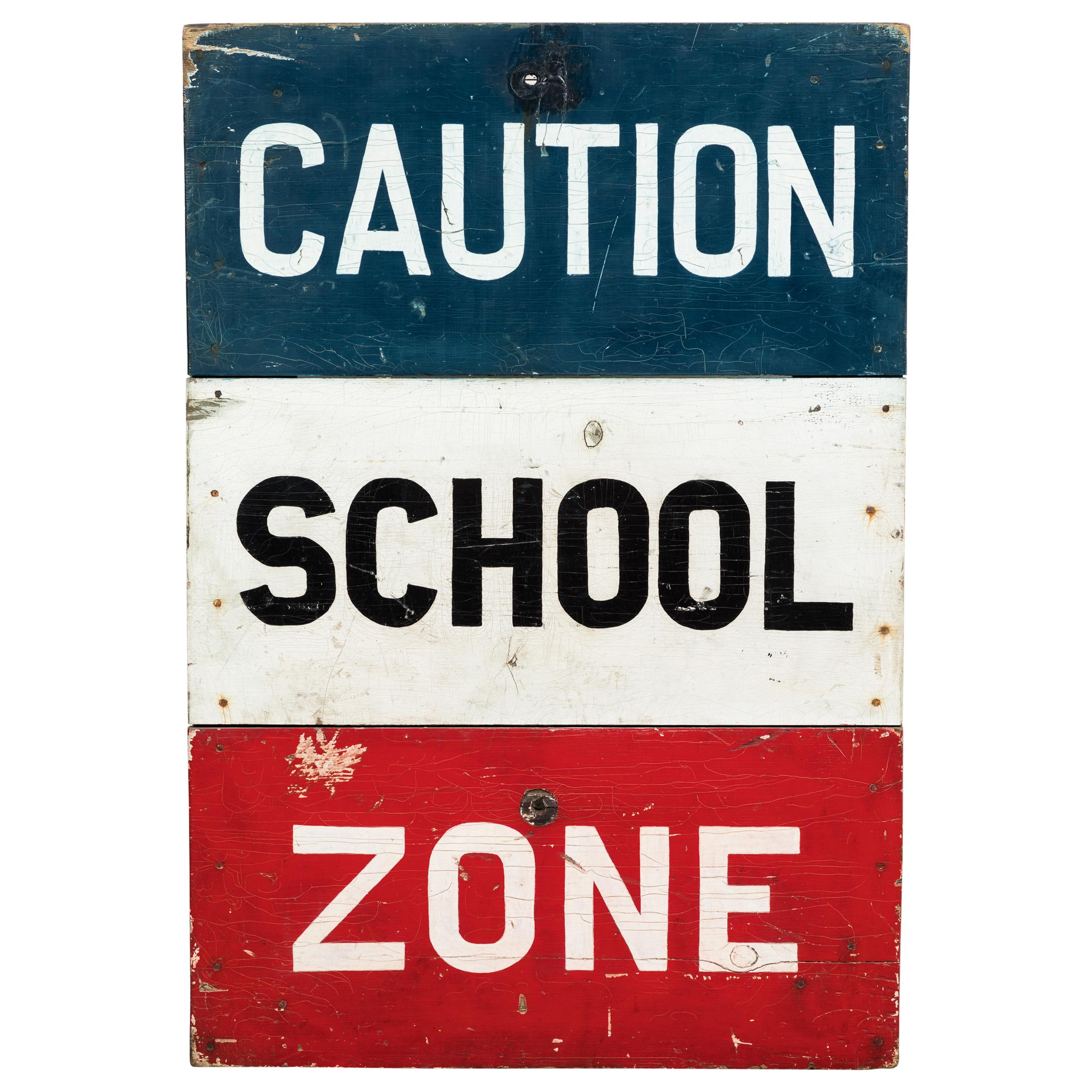 Caution School Zone WPA Style Wood Sign Red White and Blue Hand Painted