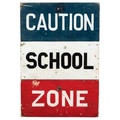 Retro Caution School Zone WPA Style Wood Sign Red White and Blue Hand Painted