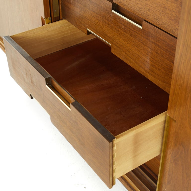 Cavalier Furniture Midcentury Brass and Walnut Lowboy Dresser For Sale