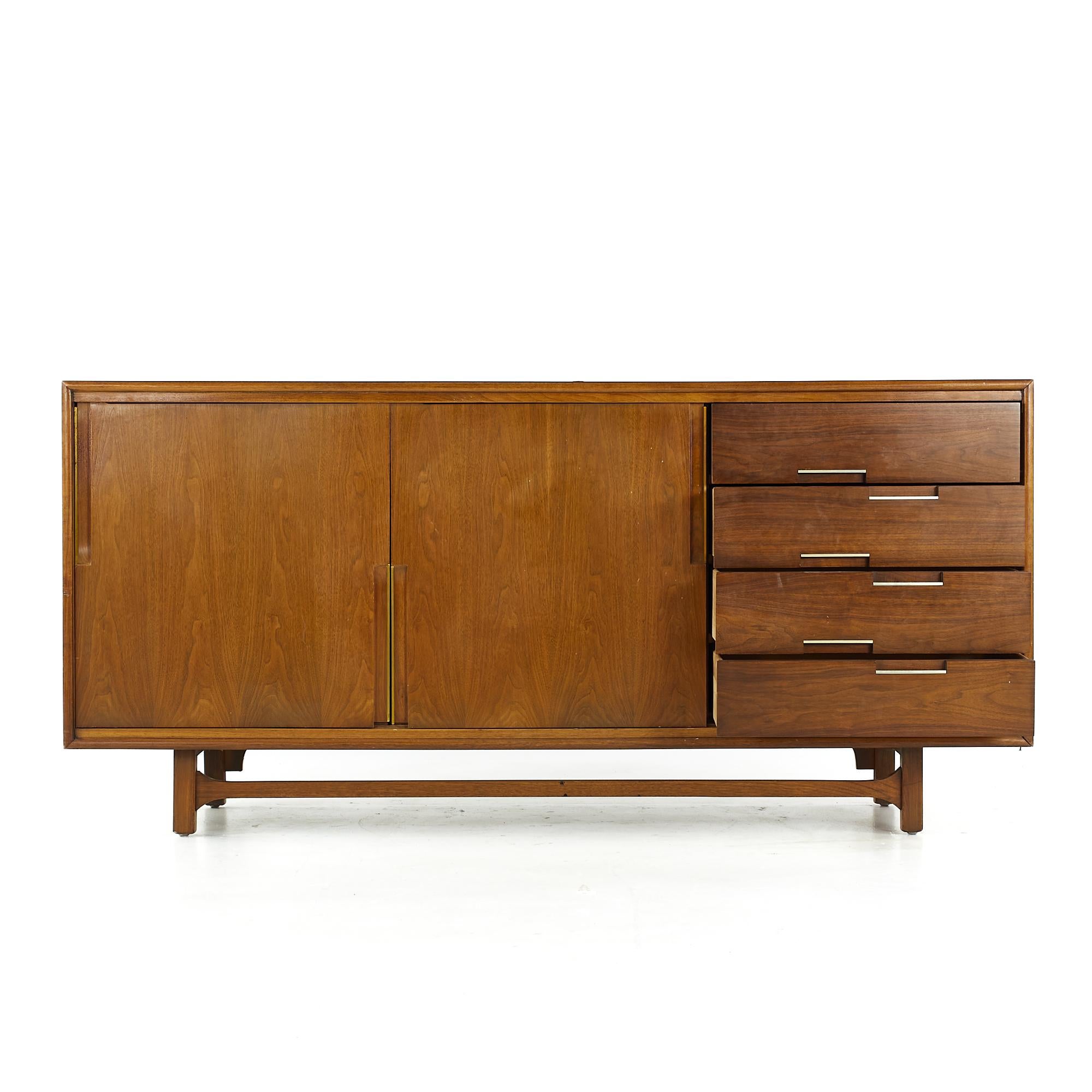 Late 20th Century Cavalier Furniture Midcentury Brass and Walnut Lowboy Dresser For Sale