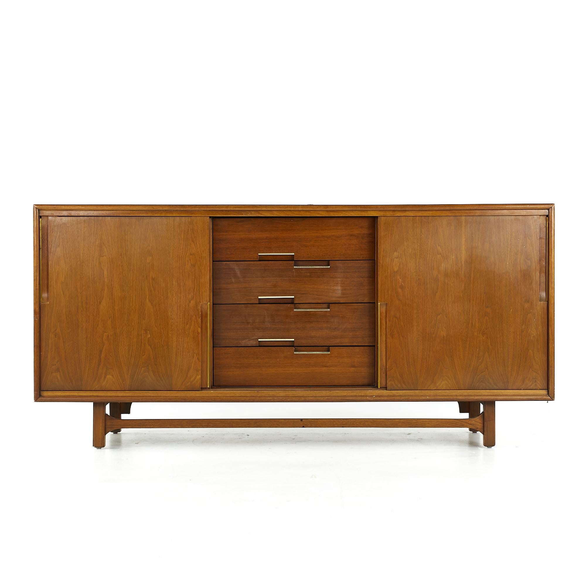 Cavalier Furniture Midcentury Brass and Walnut Lowboy Dresser For Sale 1
