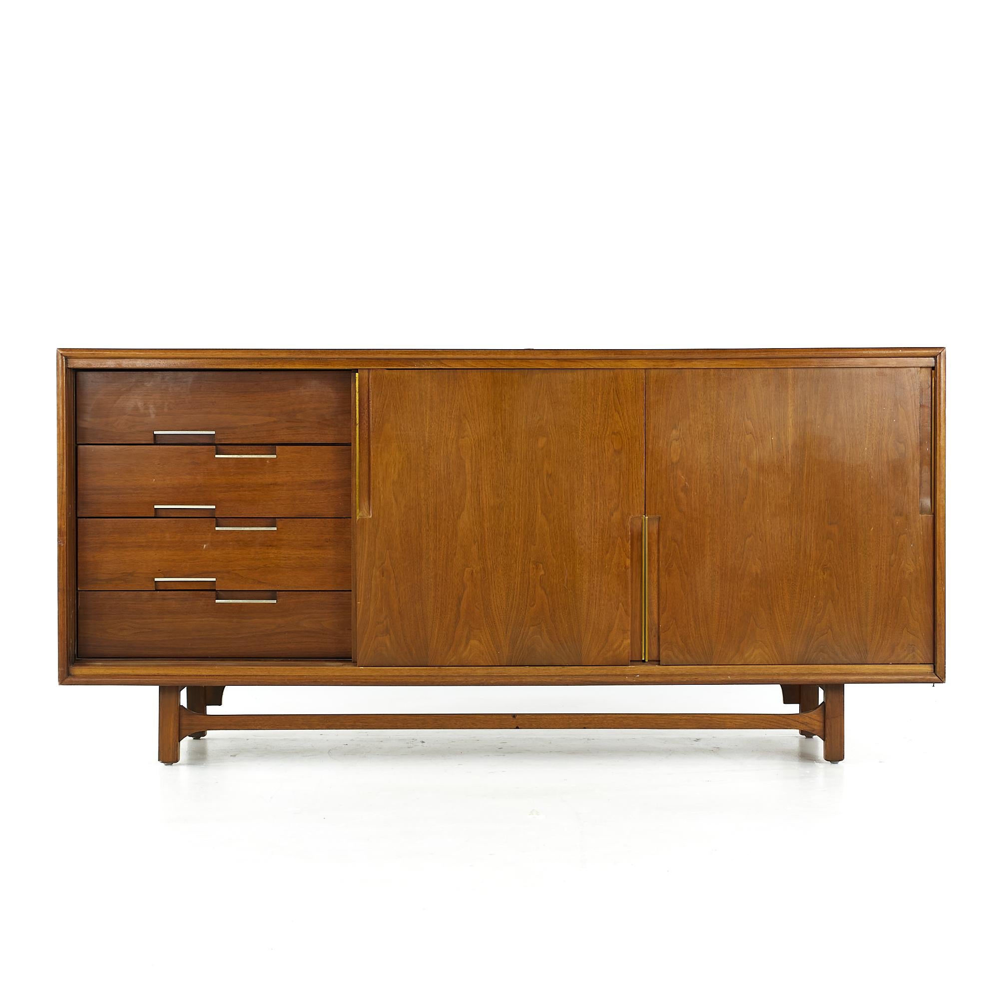 Cavalier Furniture Midcentury Brass and Walnut Lowboy Dresser For Sale 2