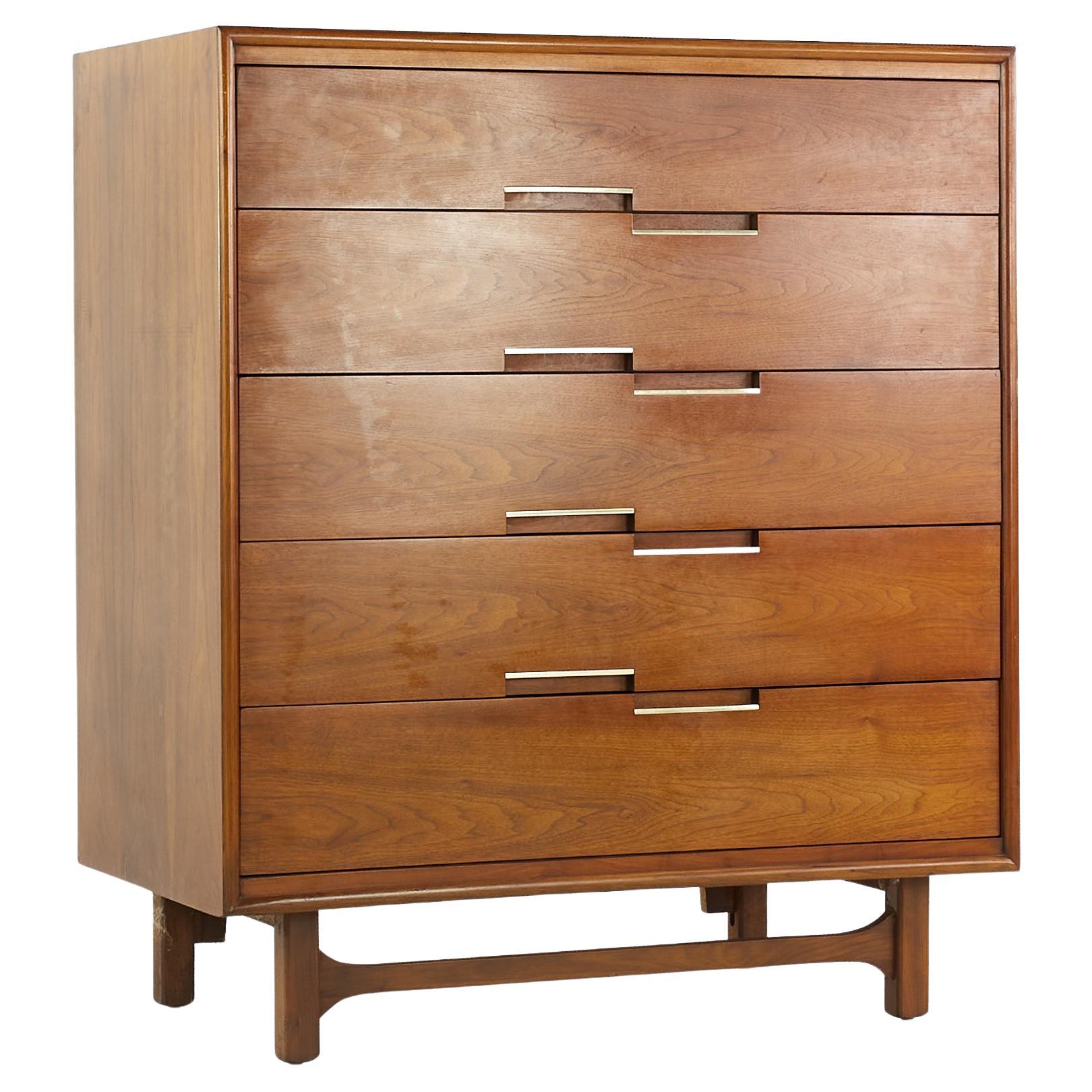 Cavalier Furniture Mid Century Walnut and Brass Highboy Dresser