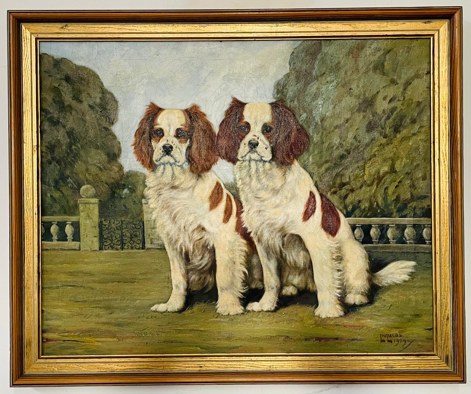 A lovely portrait of a pair of cavalier King Charles Spaniel oil on canvas portrait painting standing in what it looks like a terrace or home garden and rendered in the style of Otto eerelman ( Dutch -1839-1926).
The painting is signed by. Artist 