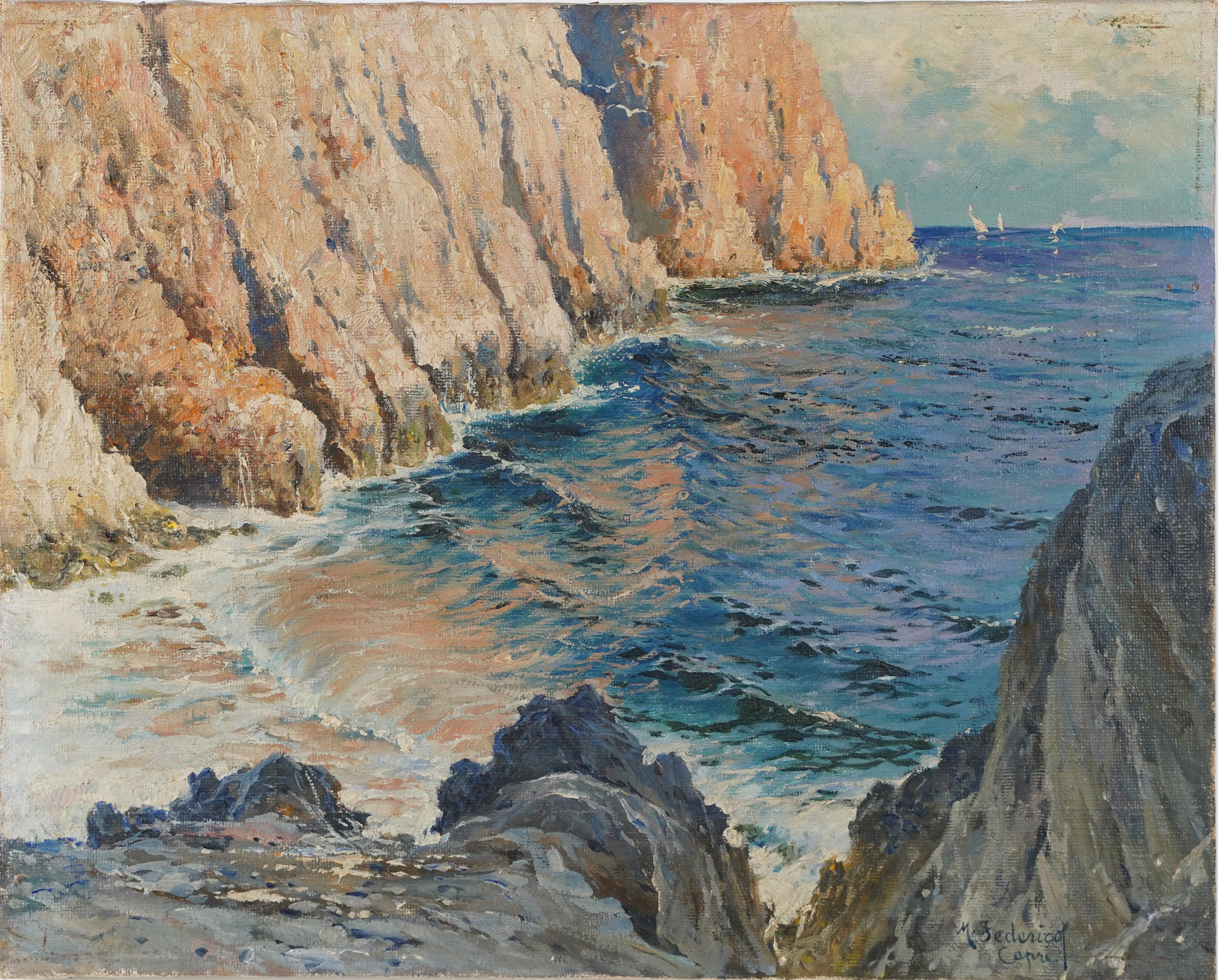 Antique Italian impressionist seascape signed oil painting by Cavalier Michele Federico (1884 - 1966). Oil on canvas. Signed. Image size, 19L x 16H.  Unframed 
