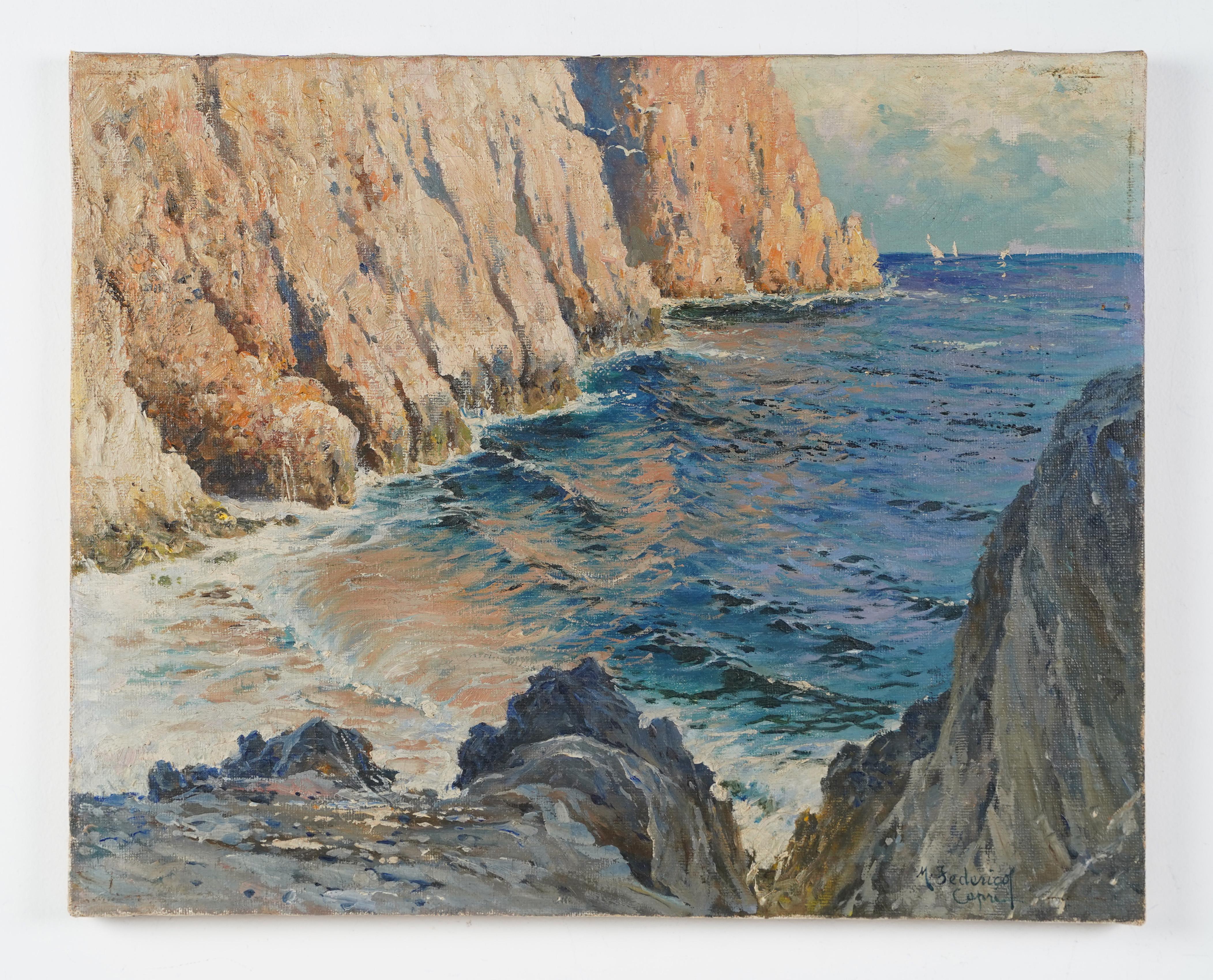 Antique Italian impressionist seascape signed oil painting by Cavalier Michele Federico (1884 - 1966). Oil on canvas. Signed. Image size, 19L x 16H.  Unframed 