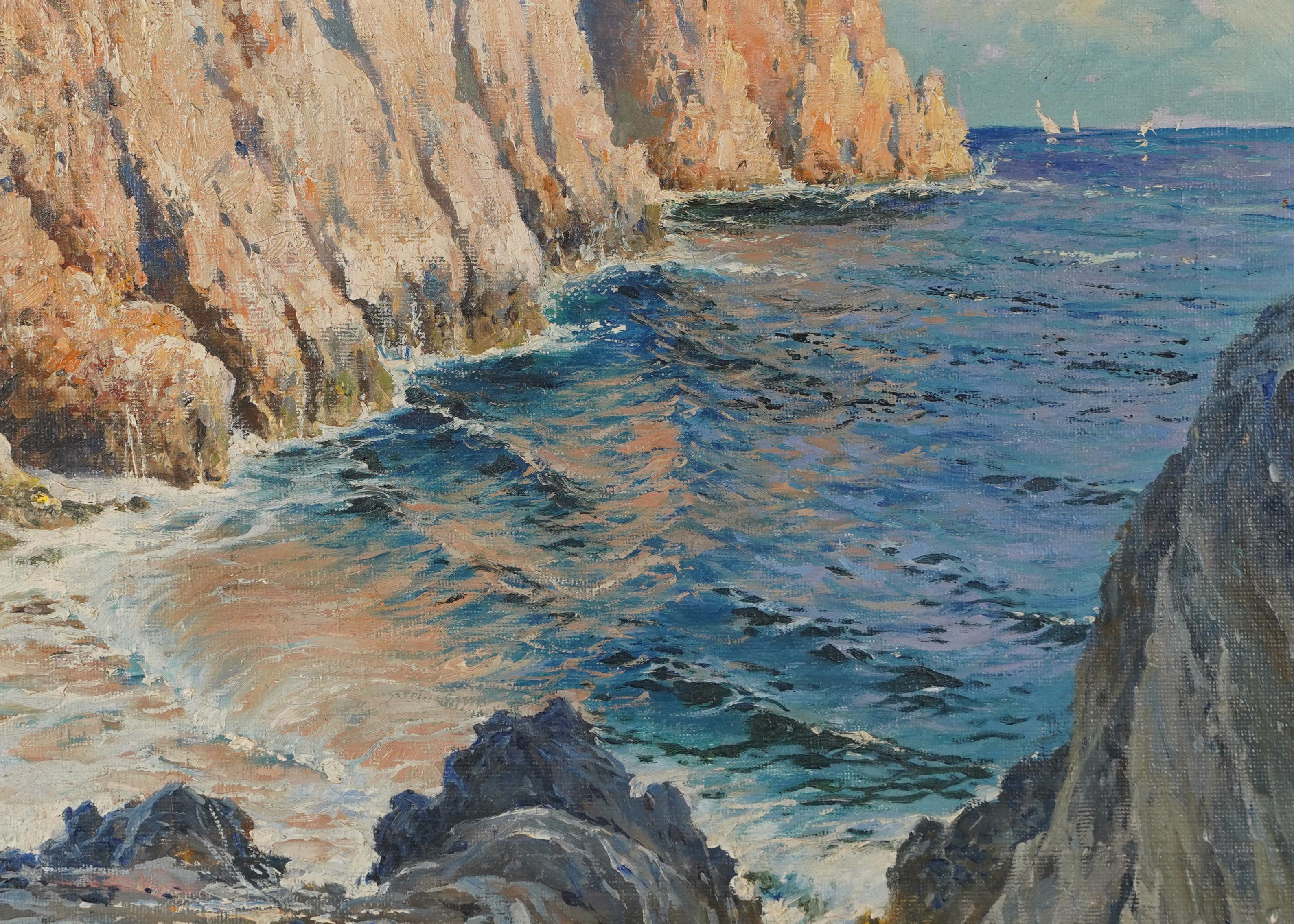Antique Signed Italian Impressionist Capri Coastal Summer Beach Oil Painting 1