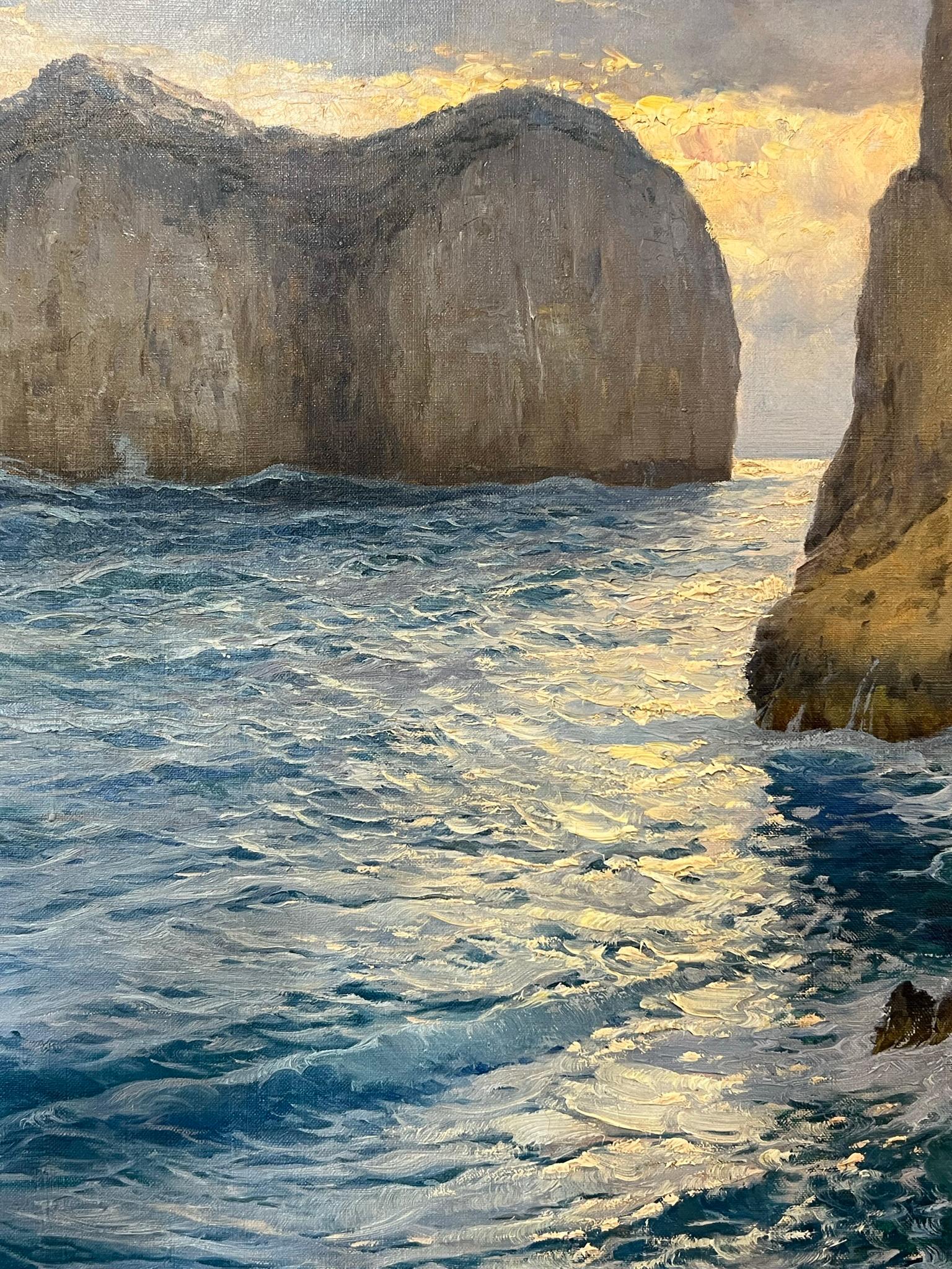 Original Monumental oil painting by Italian artist Cavalier Michele Federico (1884–1966) of a Capri coastline. This stunningly executed Italian coastline painting is one of Federico's frequent subjects. When you look closely, Federico renders