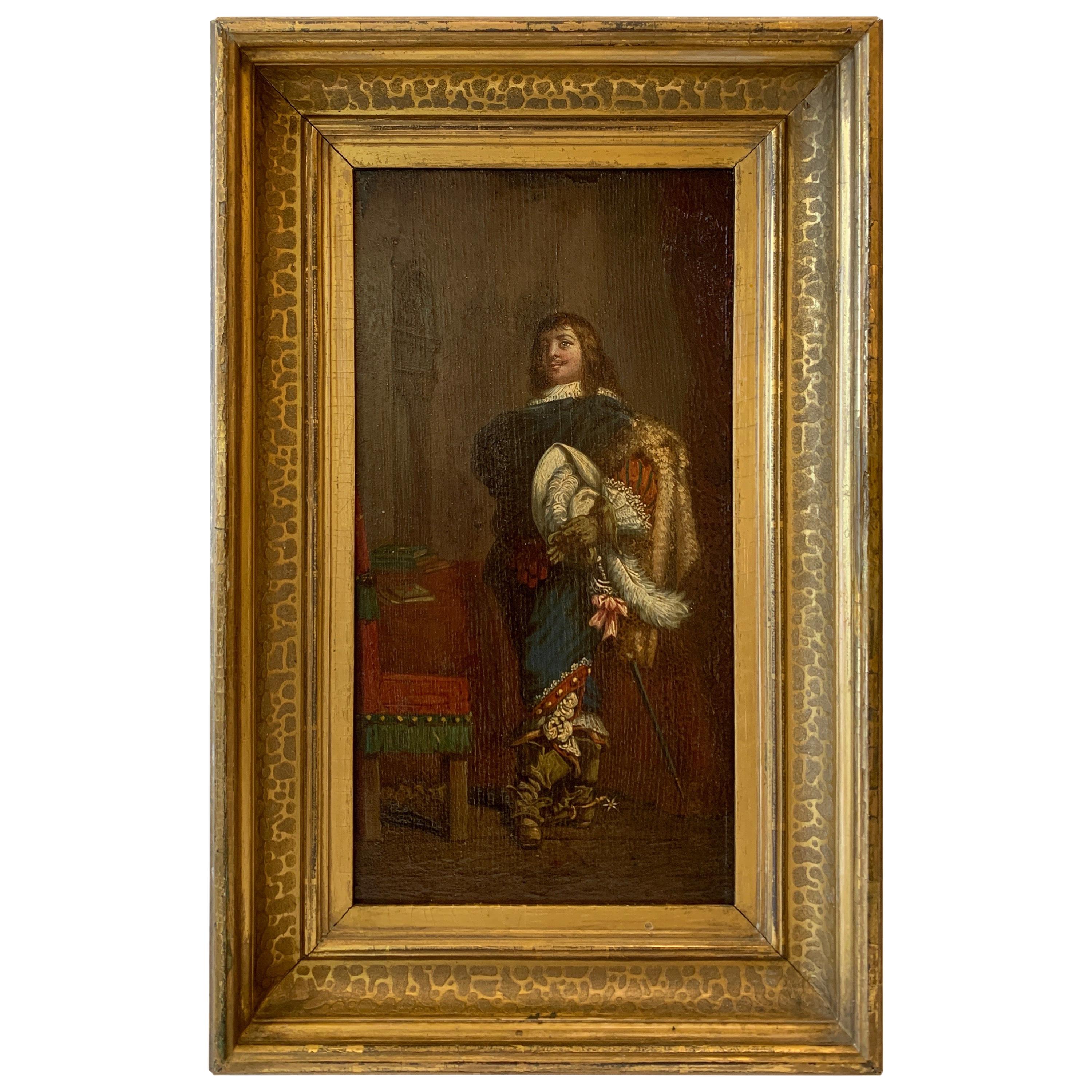 Cavalier Oil Painting on Paper Applied to Wood in a Giltwood Frame, circa 1850 For Sale