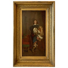 Peinture à l'huile sur papier représentant un cavalier:: huile sur papier appliquée sur bois dans un cadre en bois doré:: vers 1850