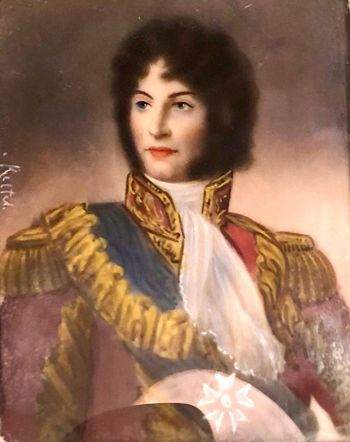 Painting of a cavalier soldier or an aristocrat on ivory signed cannot make out the signature it is a bronze jewelry frame with tiny pearls all the way around ten pearls all together. Turn of the century or older.