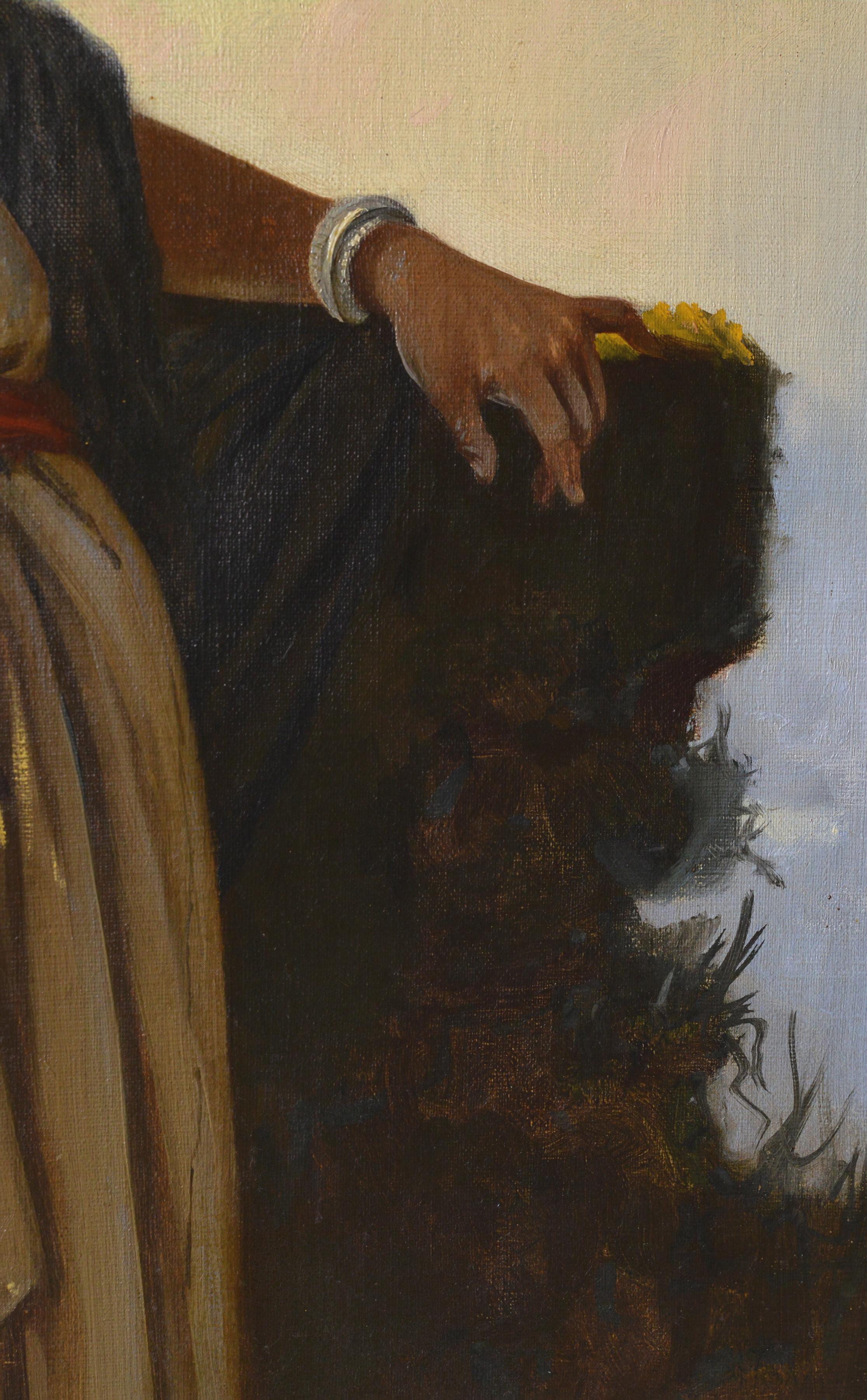 19th Century Italian Orientalist Antique Oil Painting Young Woman Well Sunset - Brown Portrait Painting by Cavaliere Antonio Scognamiglio