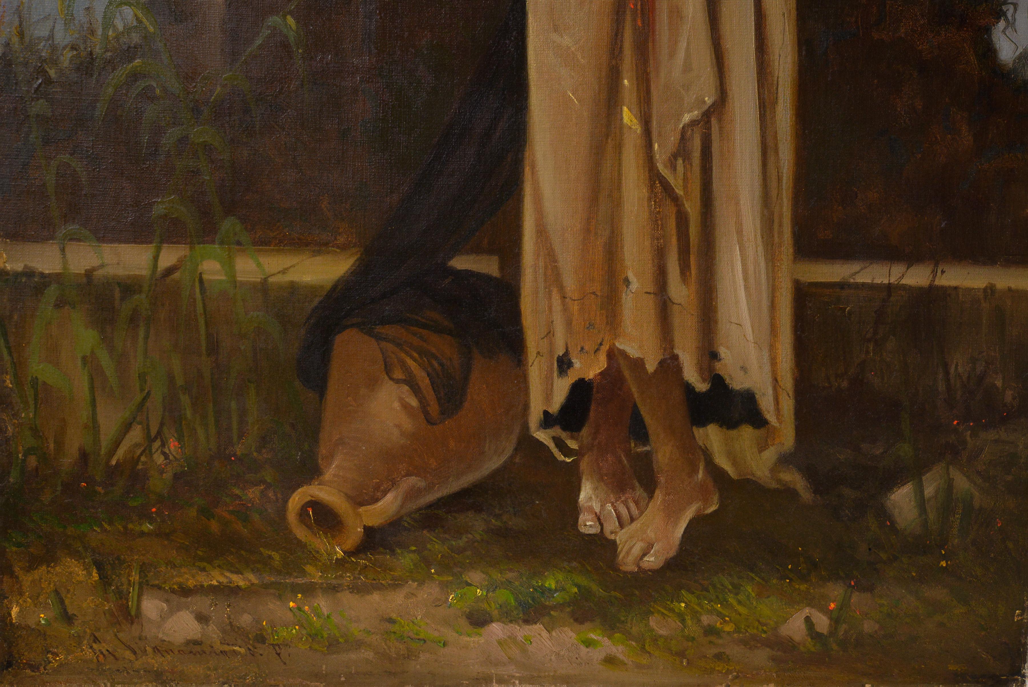 Exquisite 19th century Italian orientalist oil painting depicting a romantic sunset scene with a young Middle Eastern woman at an ancient well. The composition features a beautifully rendered young woman in traditional Middle Eastern attire,