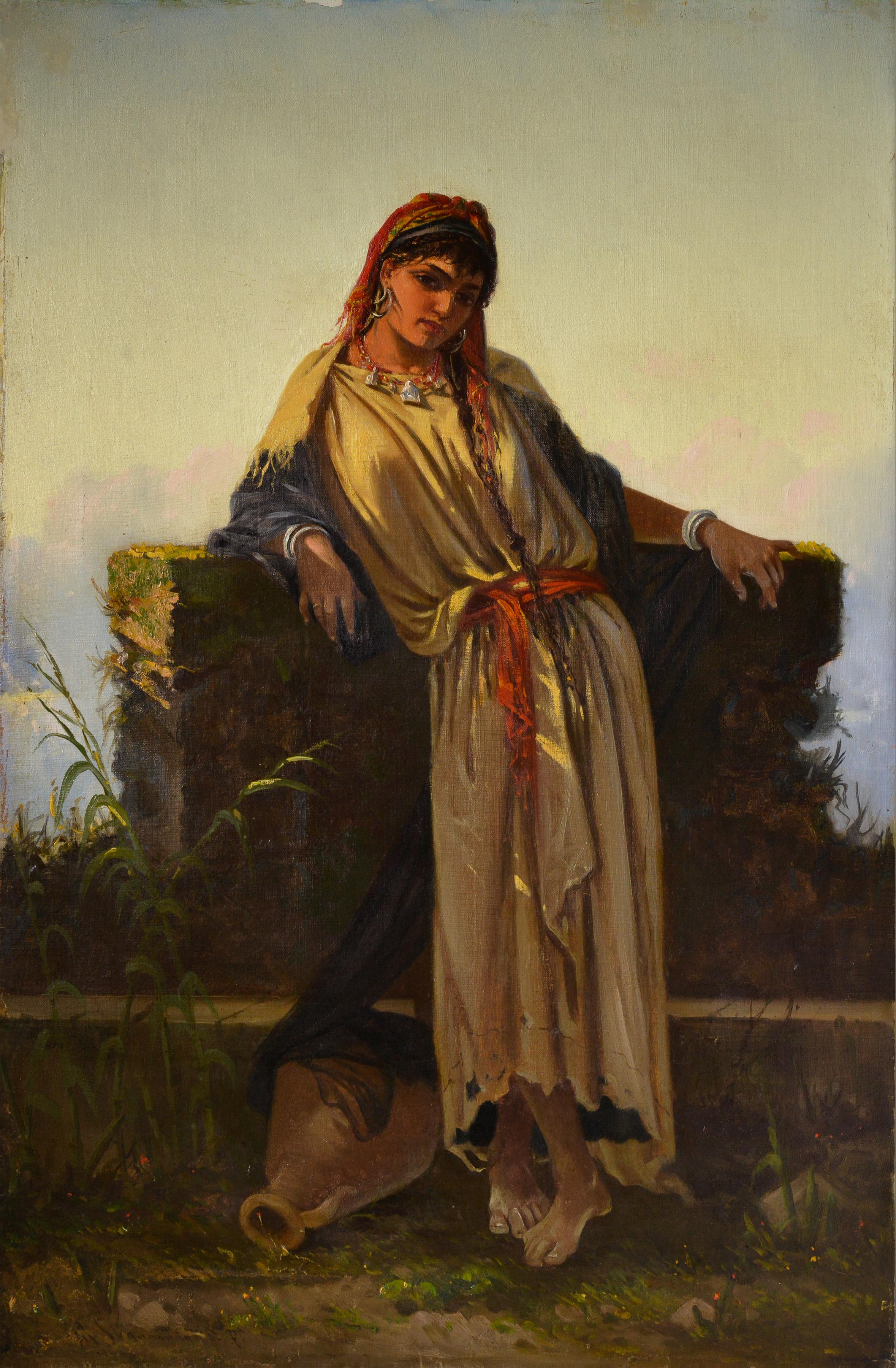 Cavaliere Antonio Scognamiglio Portrait Painting - 19th Century Italian Orientalist Antique Oil Painting Young Woman Well Sunset