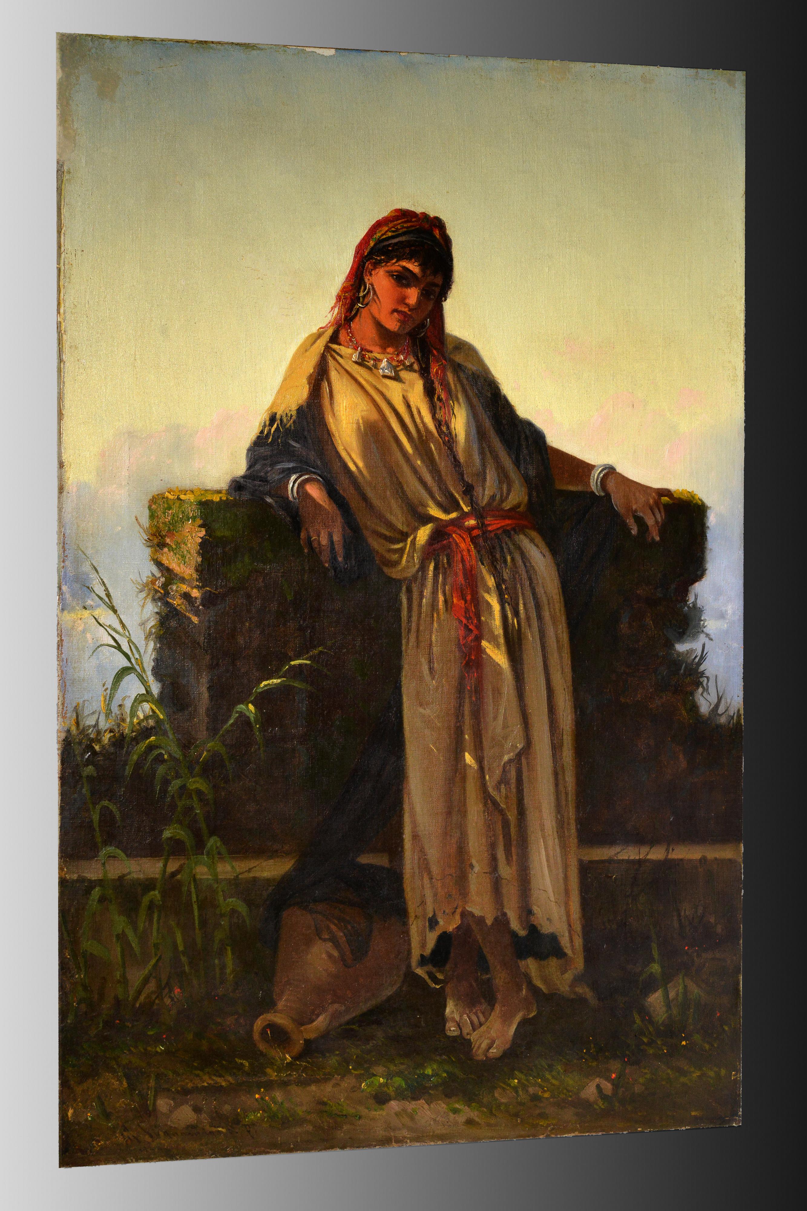 Portrait de genre italien Beauté du Moyen-Orient à un puits Peinture à l'huile du 19e siècle - Painting de Cavaliere Antonio Scognamiglio
