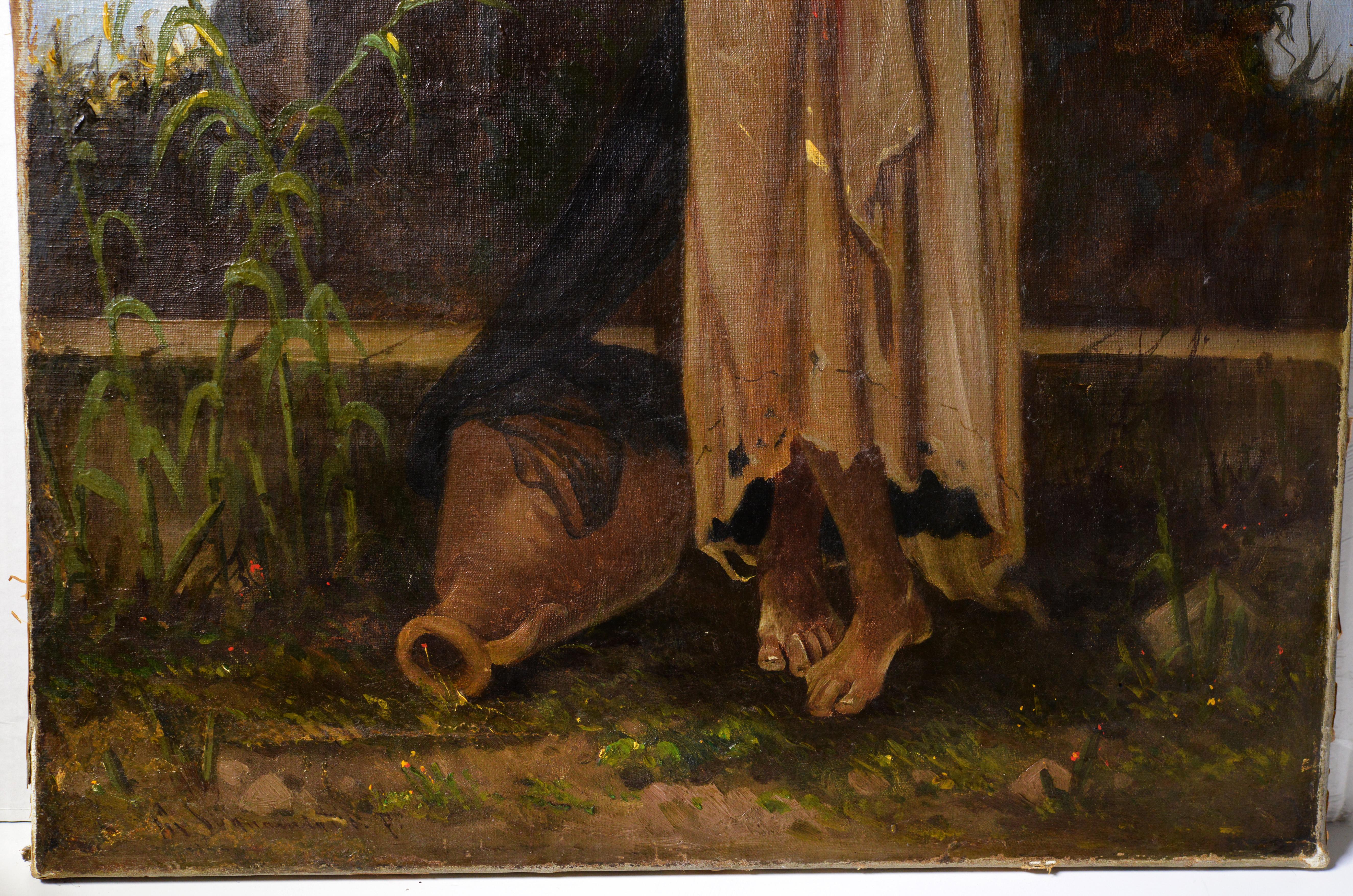 Beduinenmädchen posiert für den Maler im späten Sonnenlicht (Sonnenuntergang). Gemalt von Cavaliero Antonio Scognamiglio um 1870-1880, wahrscheinlich in Kairo, da ein ähnliches, kleineres Werk vom Künstler so bezeichnet wurde. Seine Gemälde