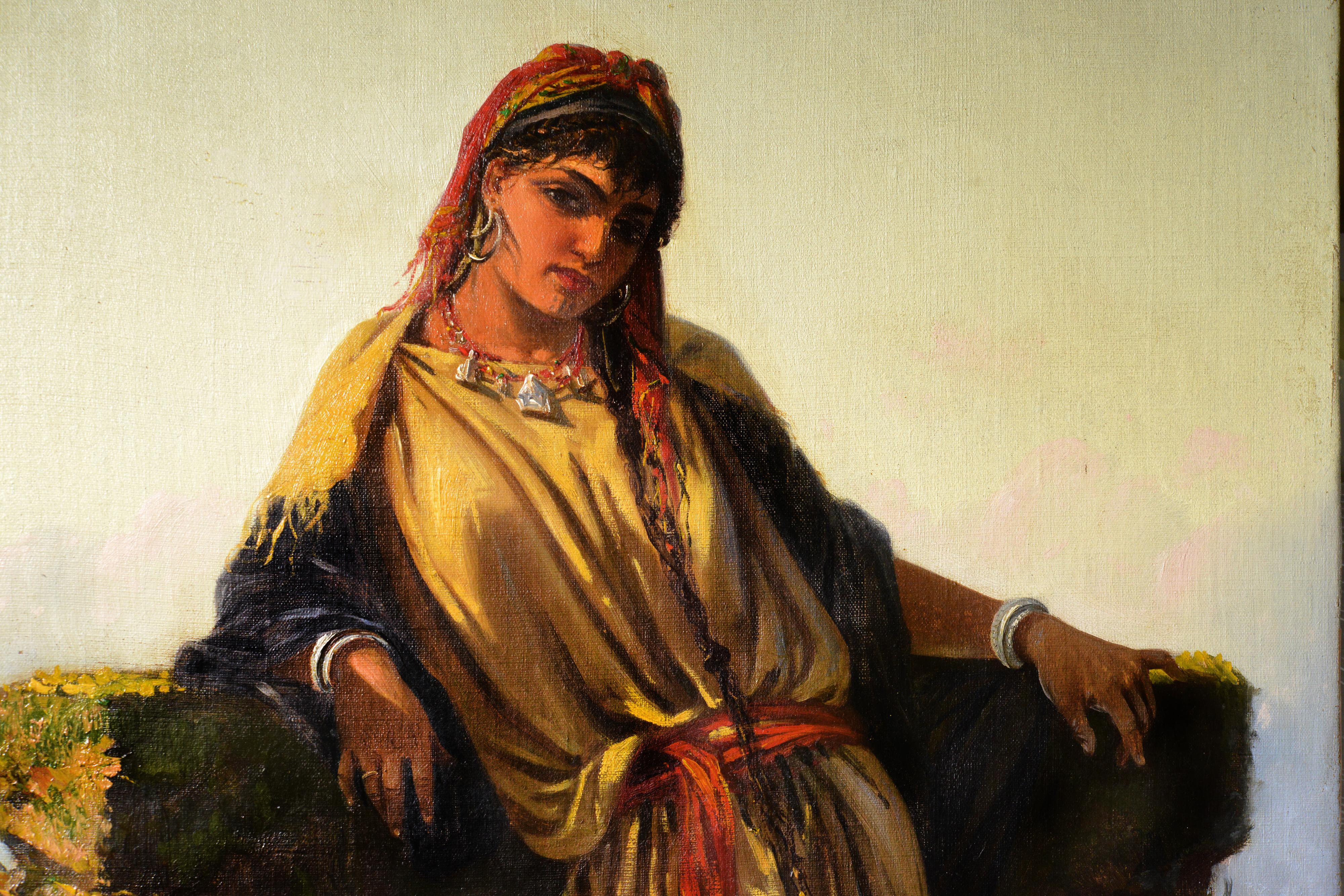 Italian genre portrait Middle Eastern beauty at a well 19th century oil painting - Brown Portrait Painting by Cavaliere Antonio Scognamiglio