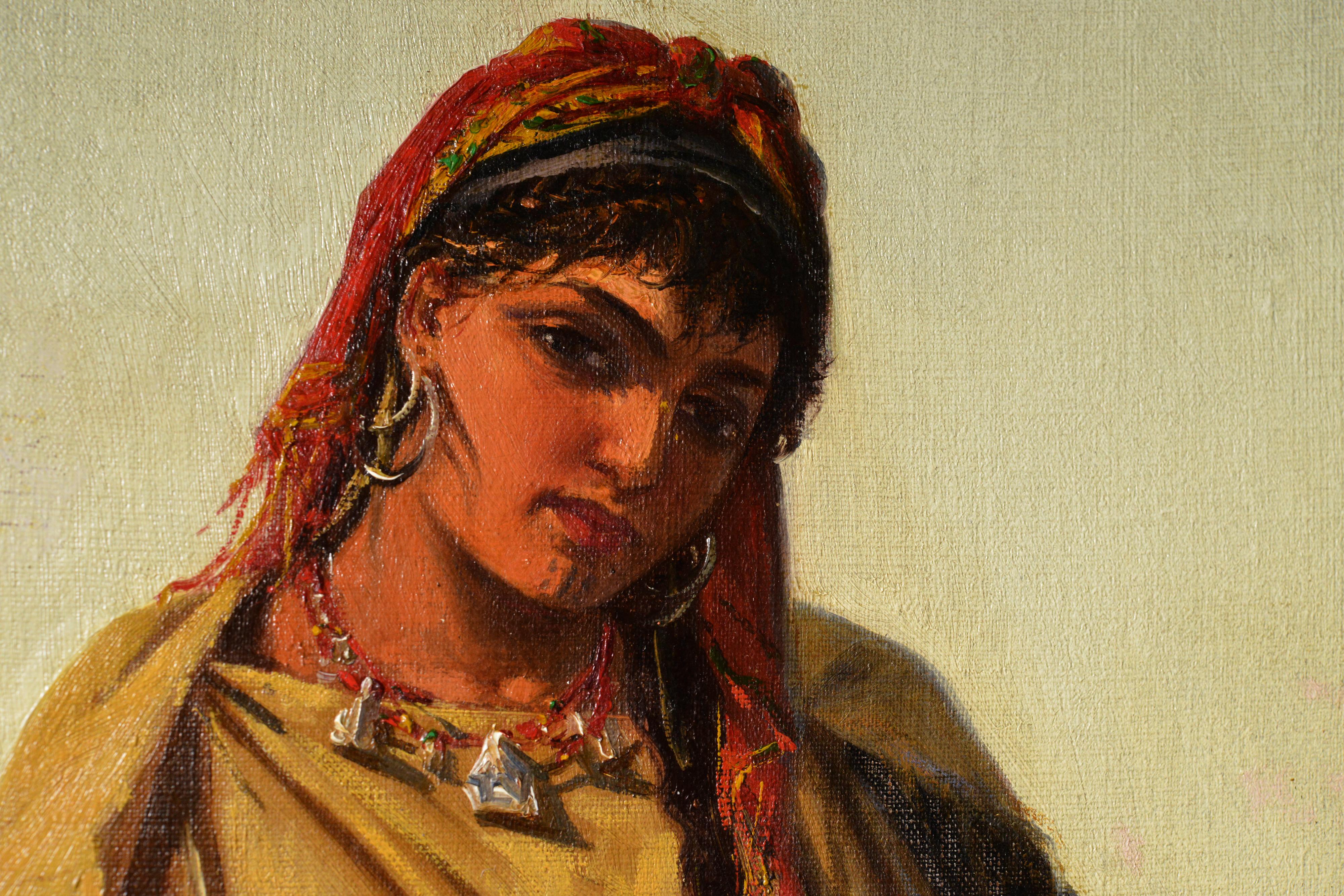 Bedouin girl posing for the painter in late sunlight (sunset). Was painted by Cavaliero Antonio Scognamiglio ca. 1870-1880, most likely in Cairo as similar work of smaller size was inscribed so by artist. His paintings witness him as a master of