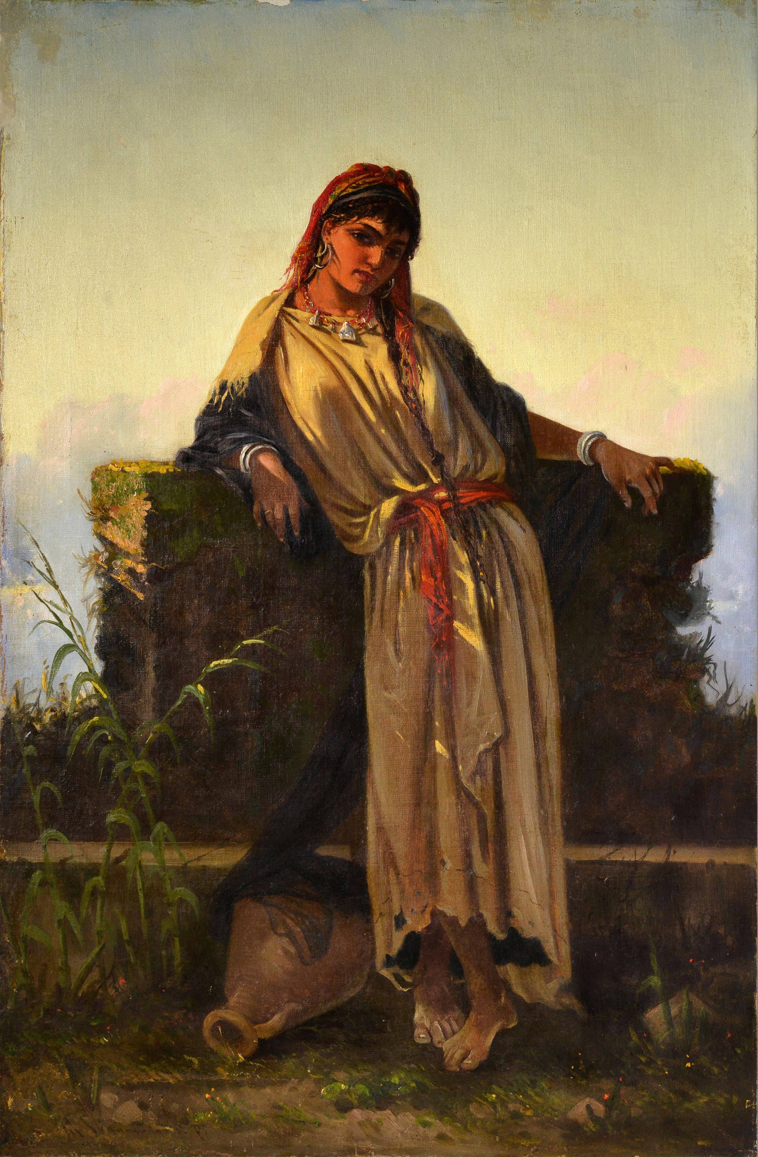 Portrait Painting Cavaliere Antonio Scognamiglio - Portrait de genre italien Beauté du Moyen-Orient à un puits Peinture à l'huile du 19e siècle