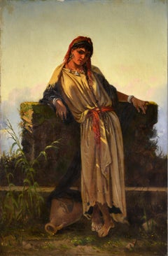 Italian genre portrait Middle Eastern beauty at a well 19th century oil painting