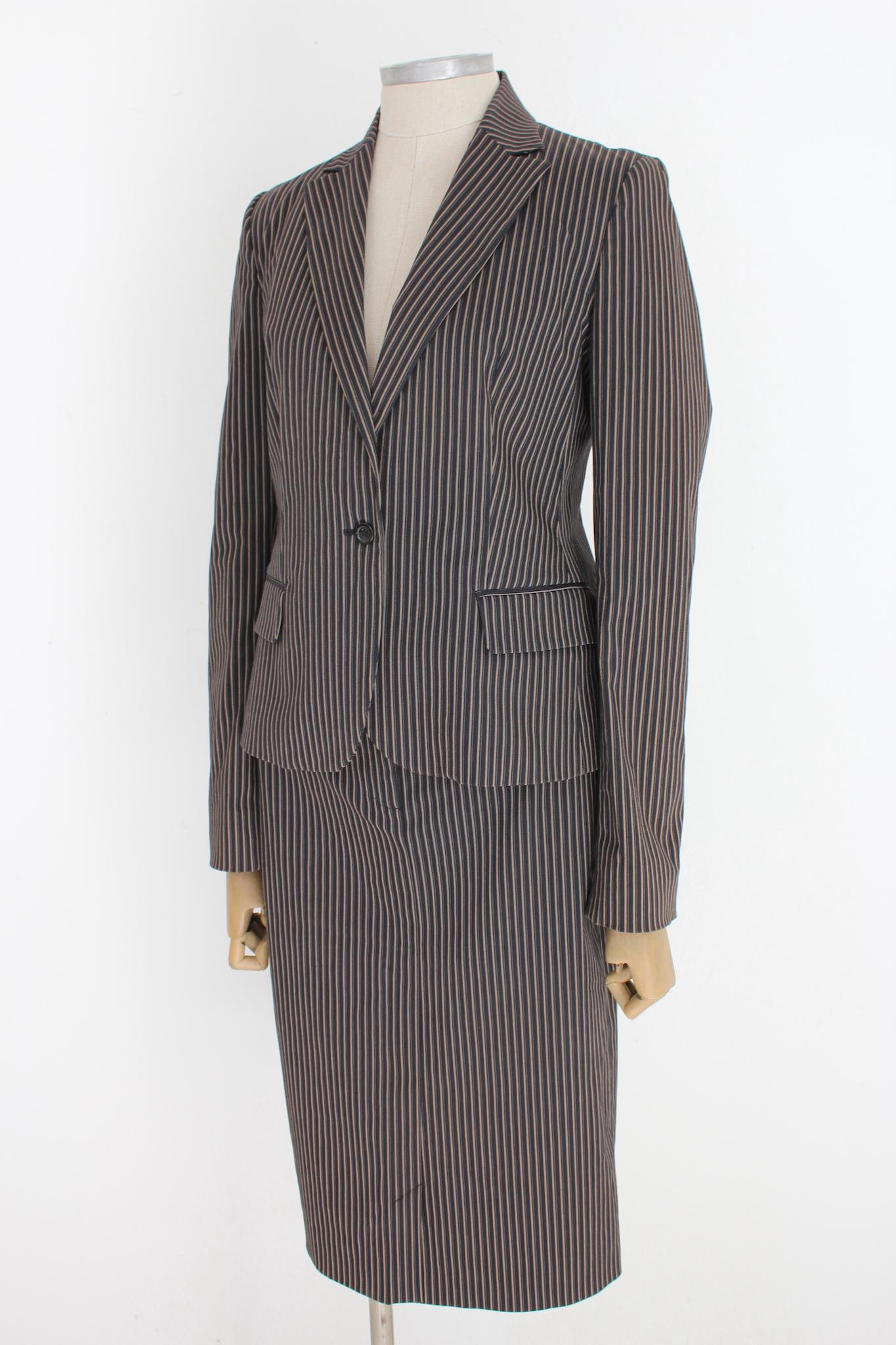 Cavalli Black Beige Cotton Pinstripe Classic Skirt Suit In Excellent Condition In Brindisi, Bt
