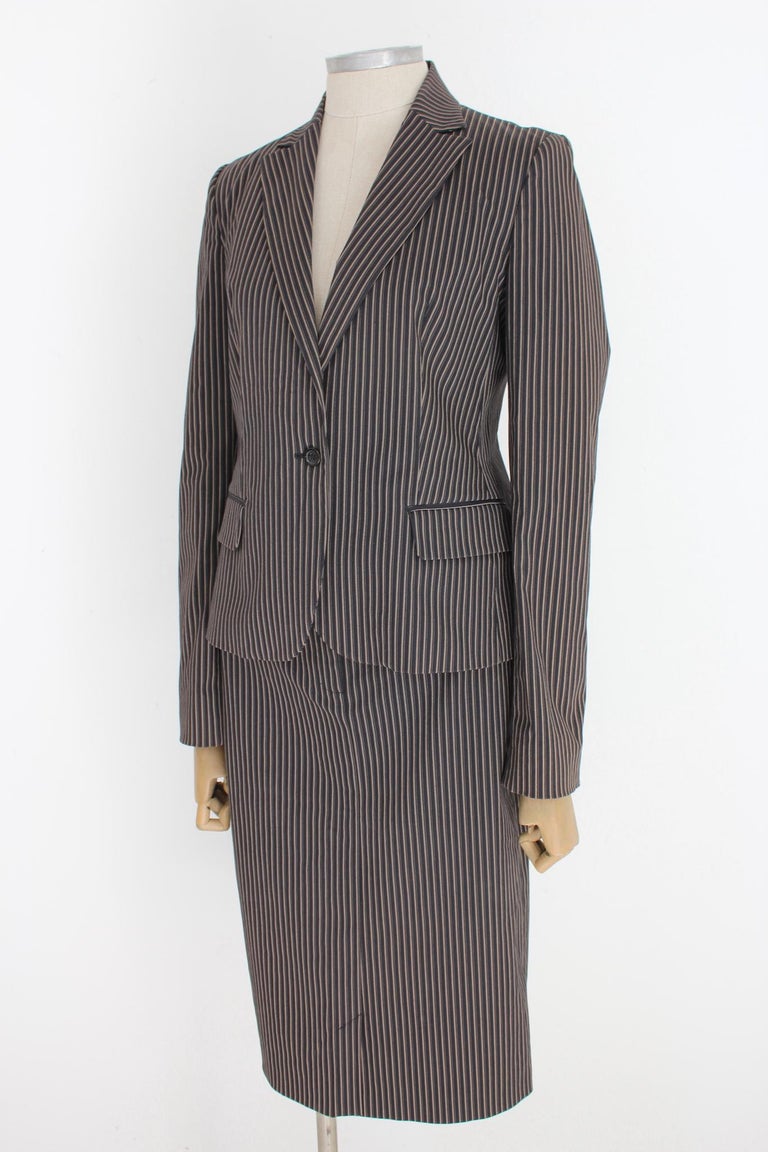 Cavalli Black Beige Cotton Pinstripe Classic Skirt Suit For Sale 1