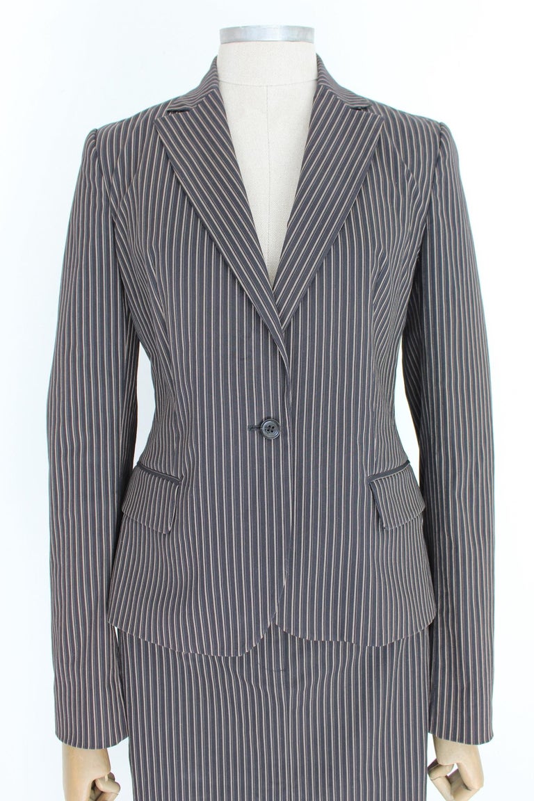 Cavalli Black Beige Cotton Pinstripe Classic Skirt Suit For Sale 2