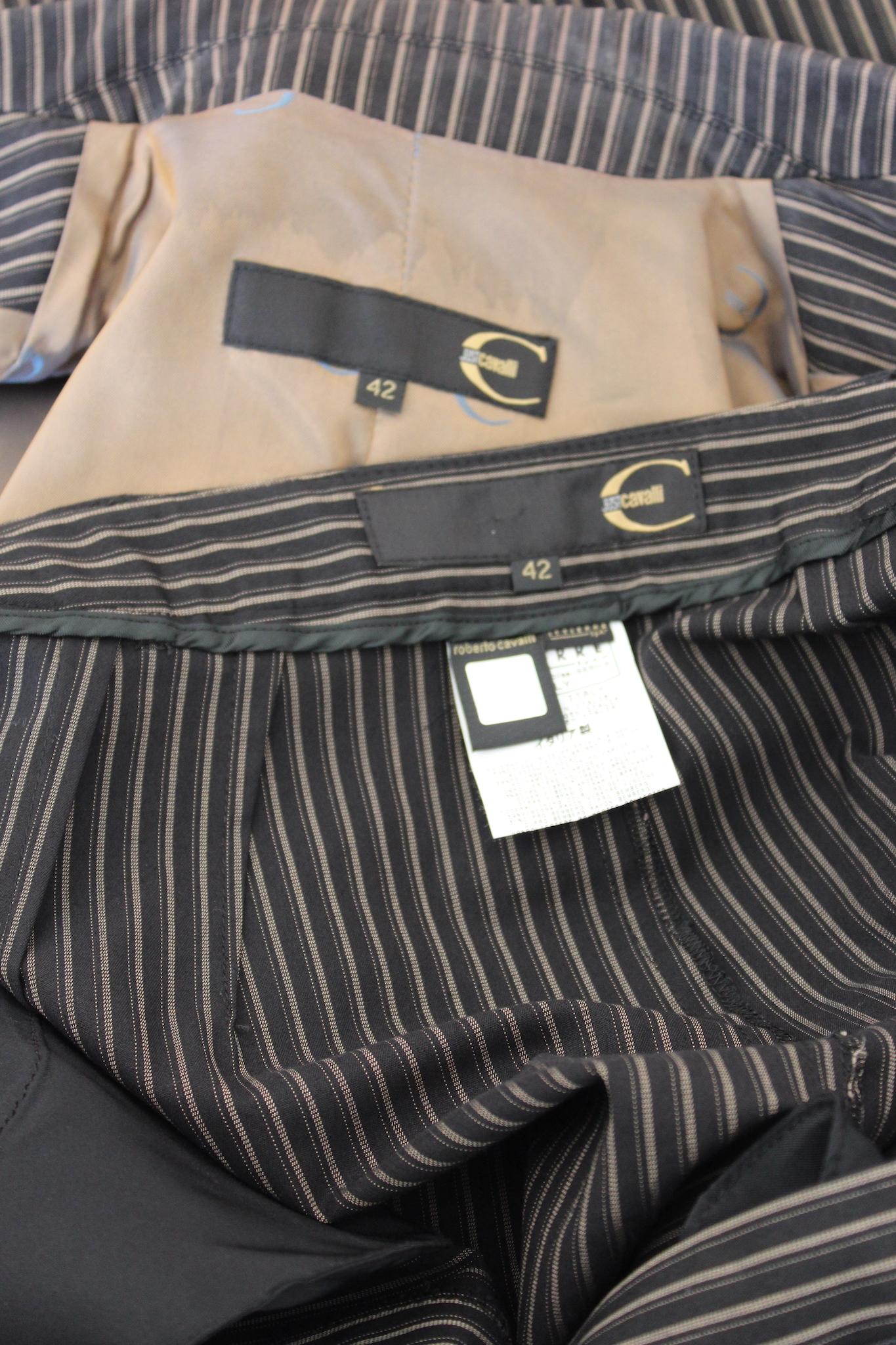 Cavalli Black Beige Cotton Pinstripe Classic Skirt Suit 2