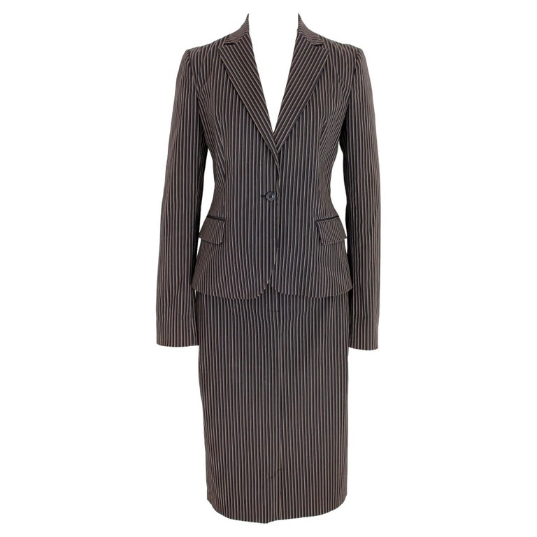 Cavalli Black Beige Cotton Pinstripe Classic Skirt Suit For Sale