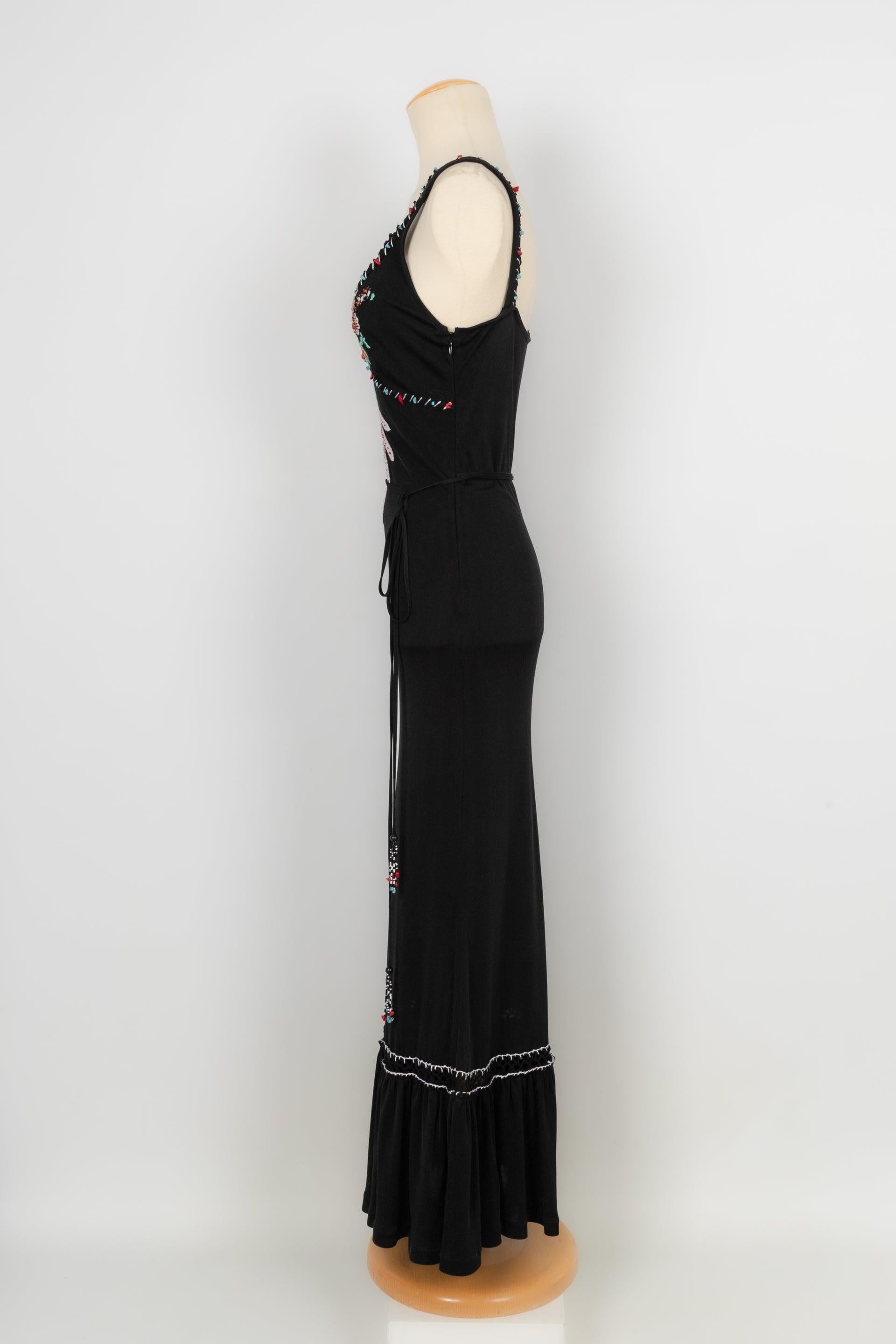 Cavalli Black Jersey Long Dress Embroidered with Yarns and Pearls In Excellent Condition In SAINT-OUEN-SUR-SEINE, FR