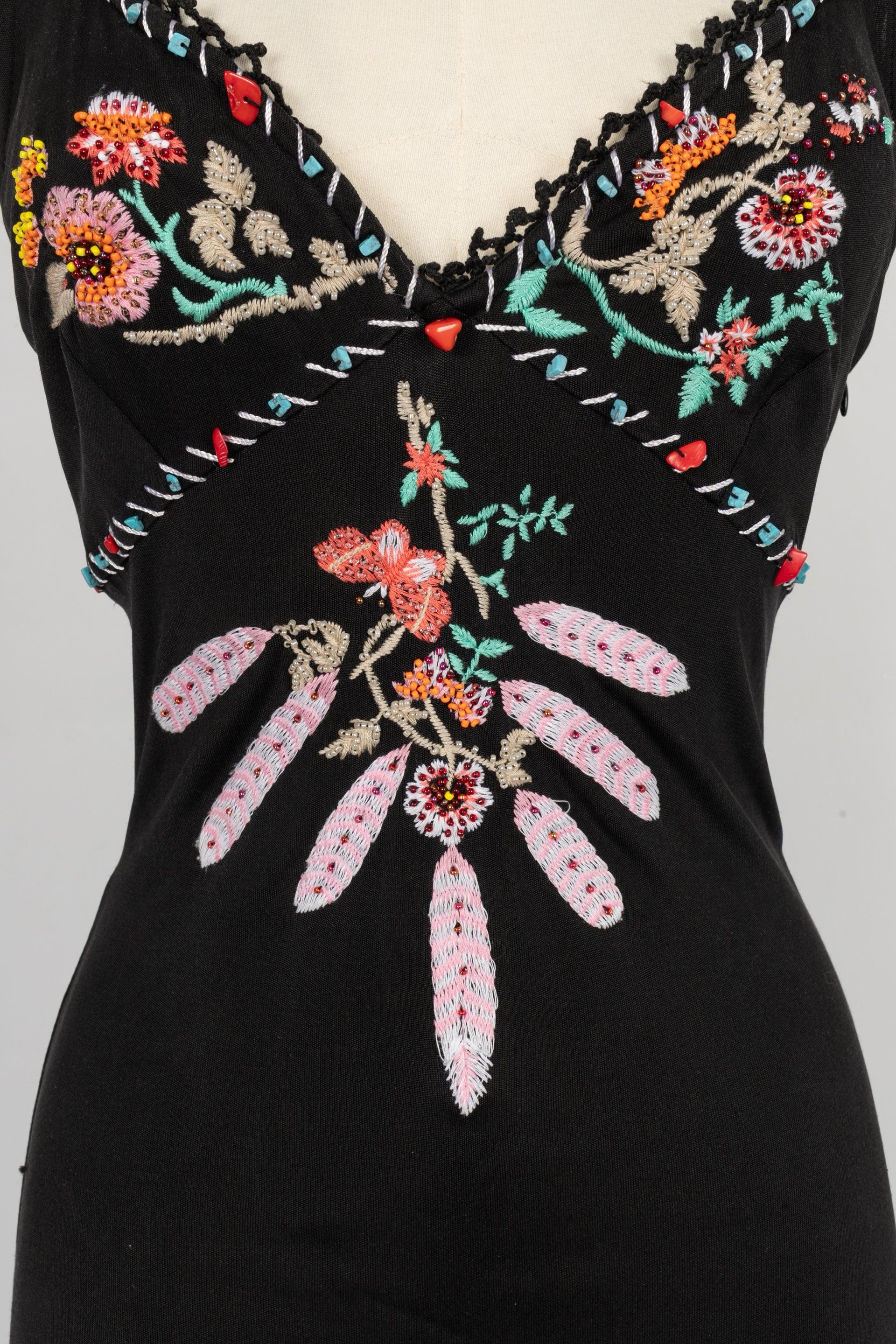Women's Cavalli Black Jersey Long Dress Embroidered with Yarns and Pearls