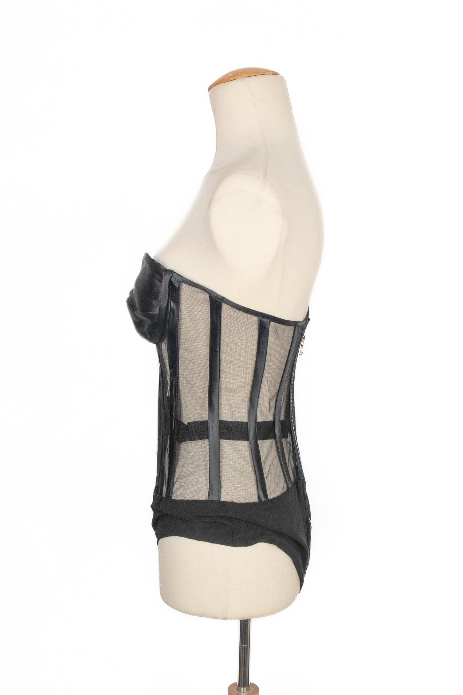Cavalli Schwarzer Bustier-Bodysuit aus Seide und Tüll (Beige)