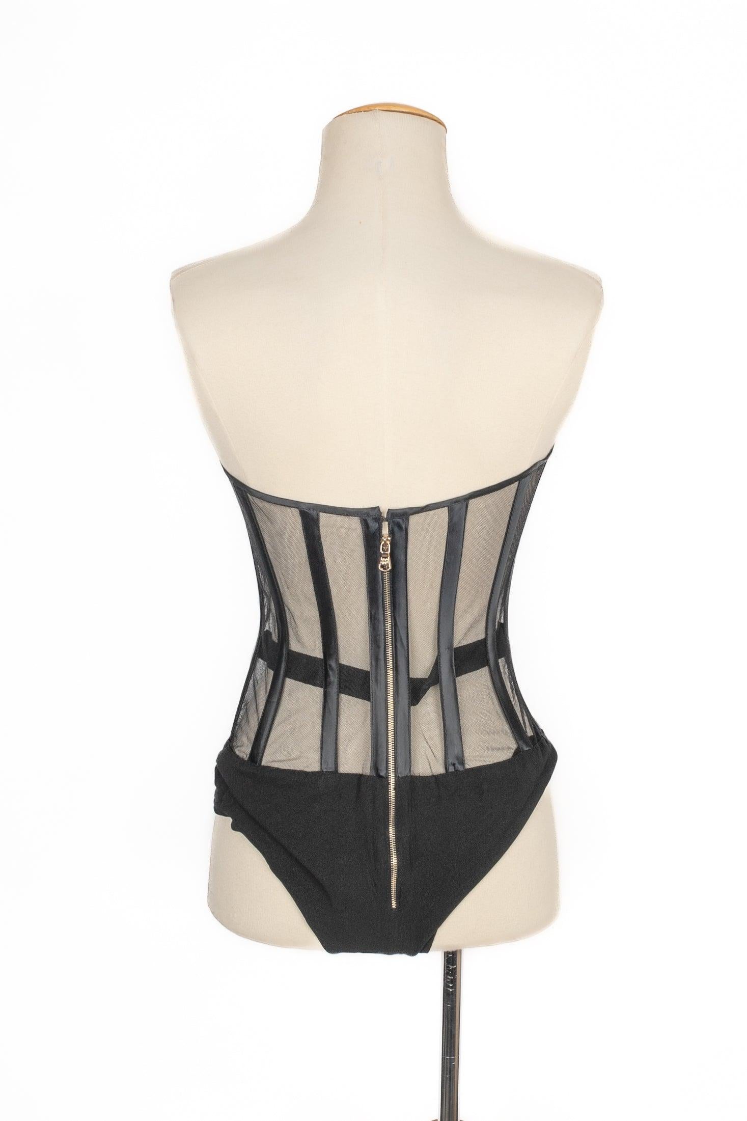 Cavalli Schwarzer Bustier-Bodysuit aus Seide und Tüll im Zustand „Hervorragend“ in SAINT-OUEN-SUR-SEINE, FR
