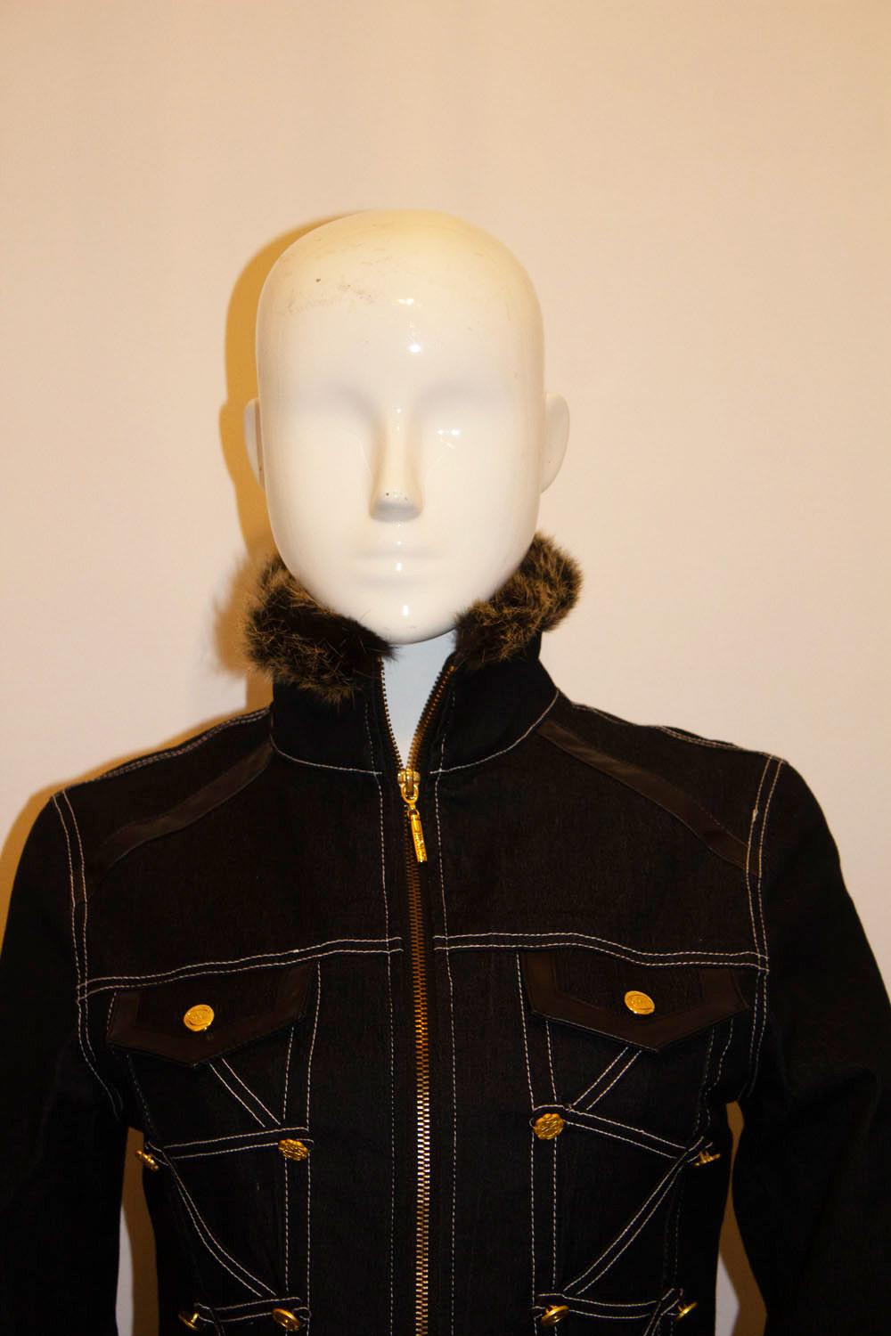 Women's or Men's Cavalli Blue Jacket with Faux Fur Trim For Sale