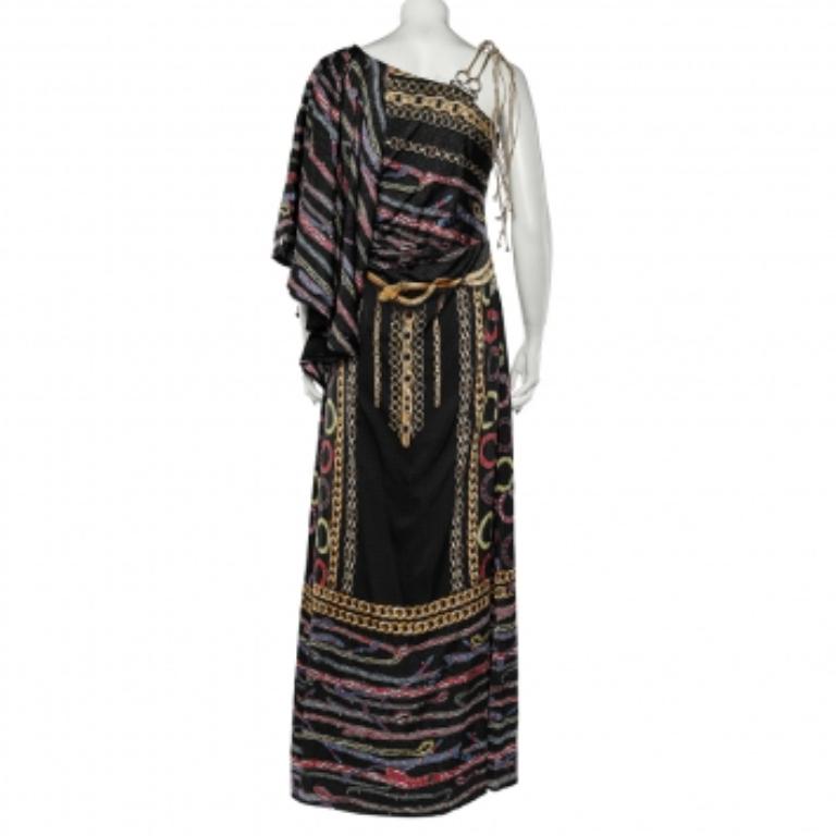 Cavalli Class Black Printed Satin Flared Sleeve Maxi Dress L In Good Condition For Sale In Dubai, Al Qouz 2