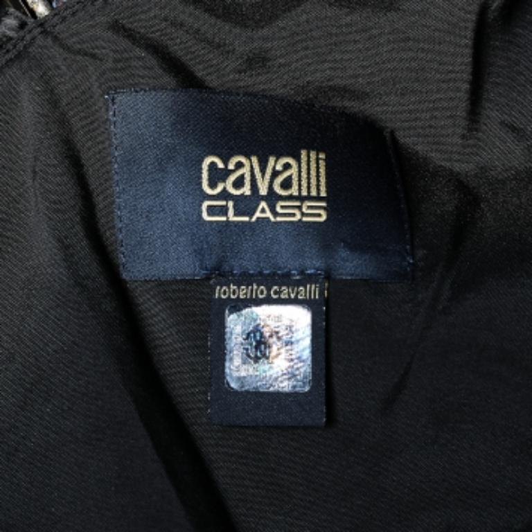Cavalli Class Black Printed Satin Flared Sleeve Maxi Dress L For Sale 1