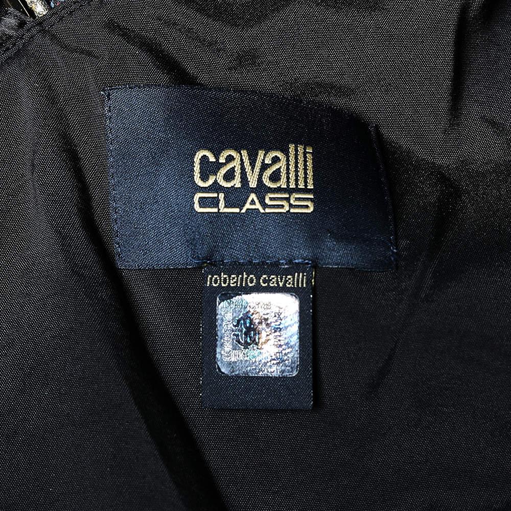 Cavalli Class Black Printed Satin Flared Sleeve Maxi Dress L For Sale 2