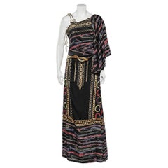 Cavalli Class Black Satin Printed Flared Sleeve Maxi Dress L