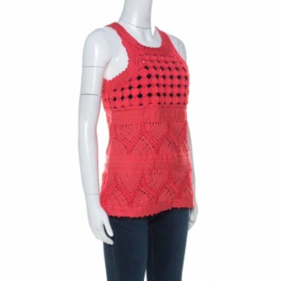 Cavalli Class Coral Rojo Top sin mangas de encaje bordado M en Excelente estado para la venta en Dubai, Al Qouz 2