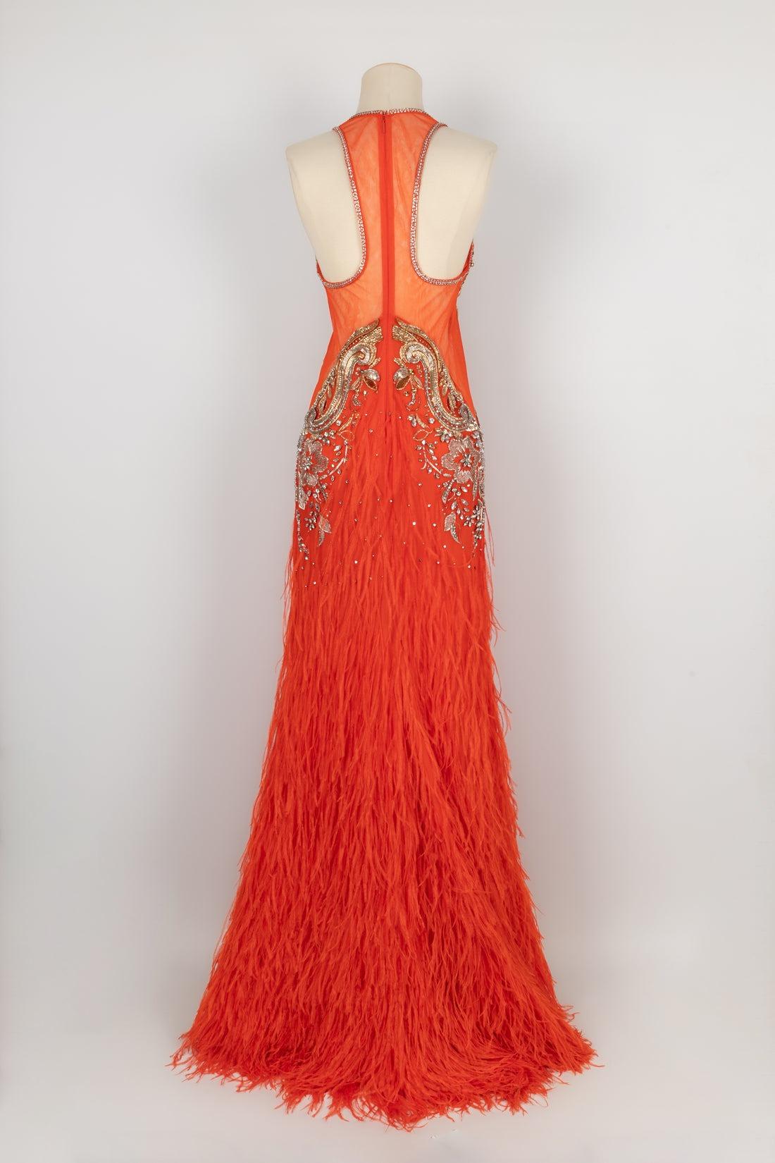 Cavalli Feather Long Orange Tulle Dress In Excellent Condition For Sale In SAINT-OUEN-SUR-SEINE, FR