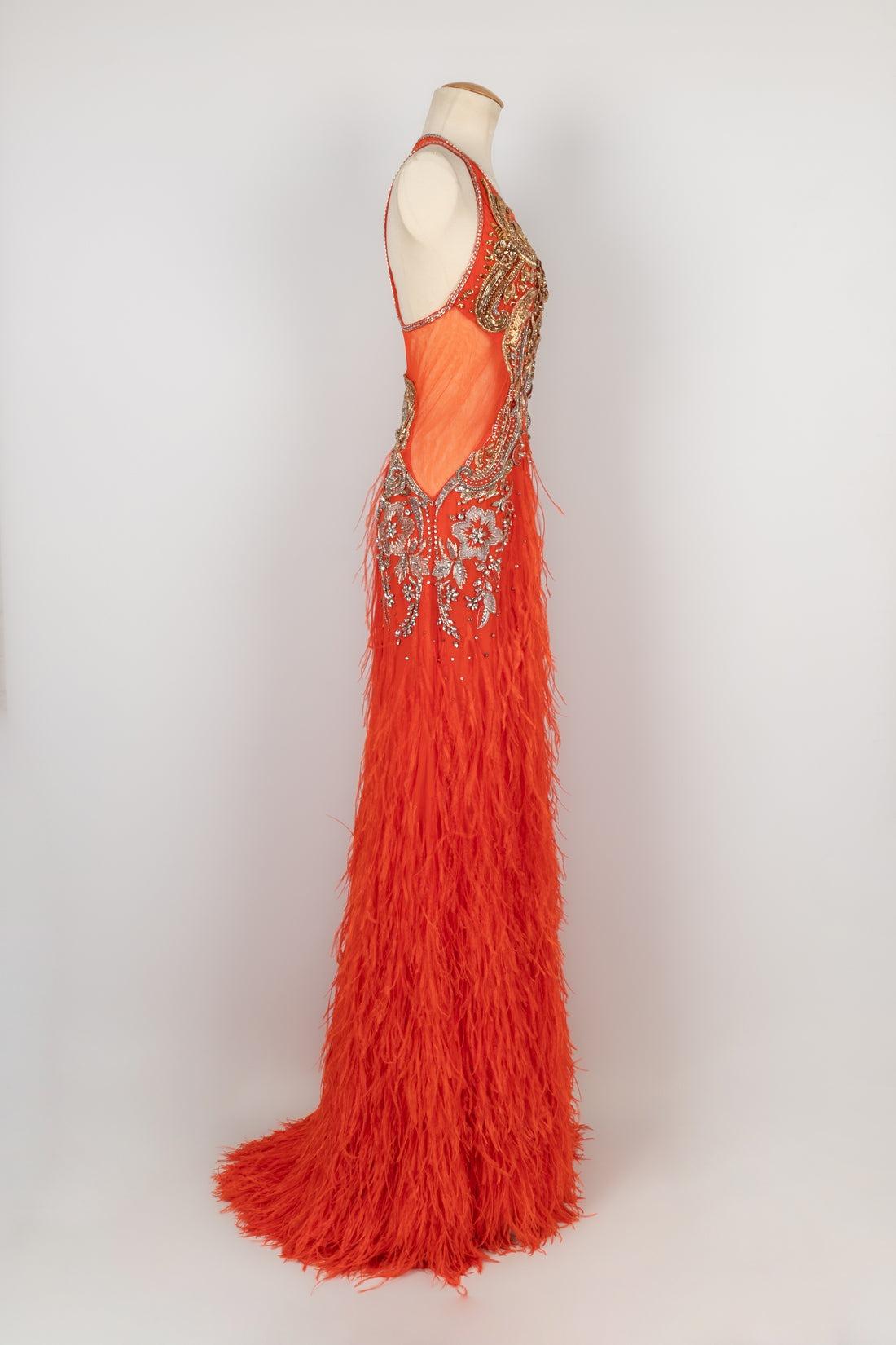 Women's Cavalli Feather Long Orange Tulle Dress For Sale