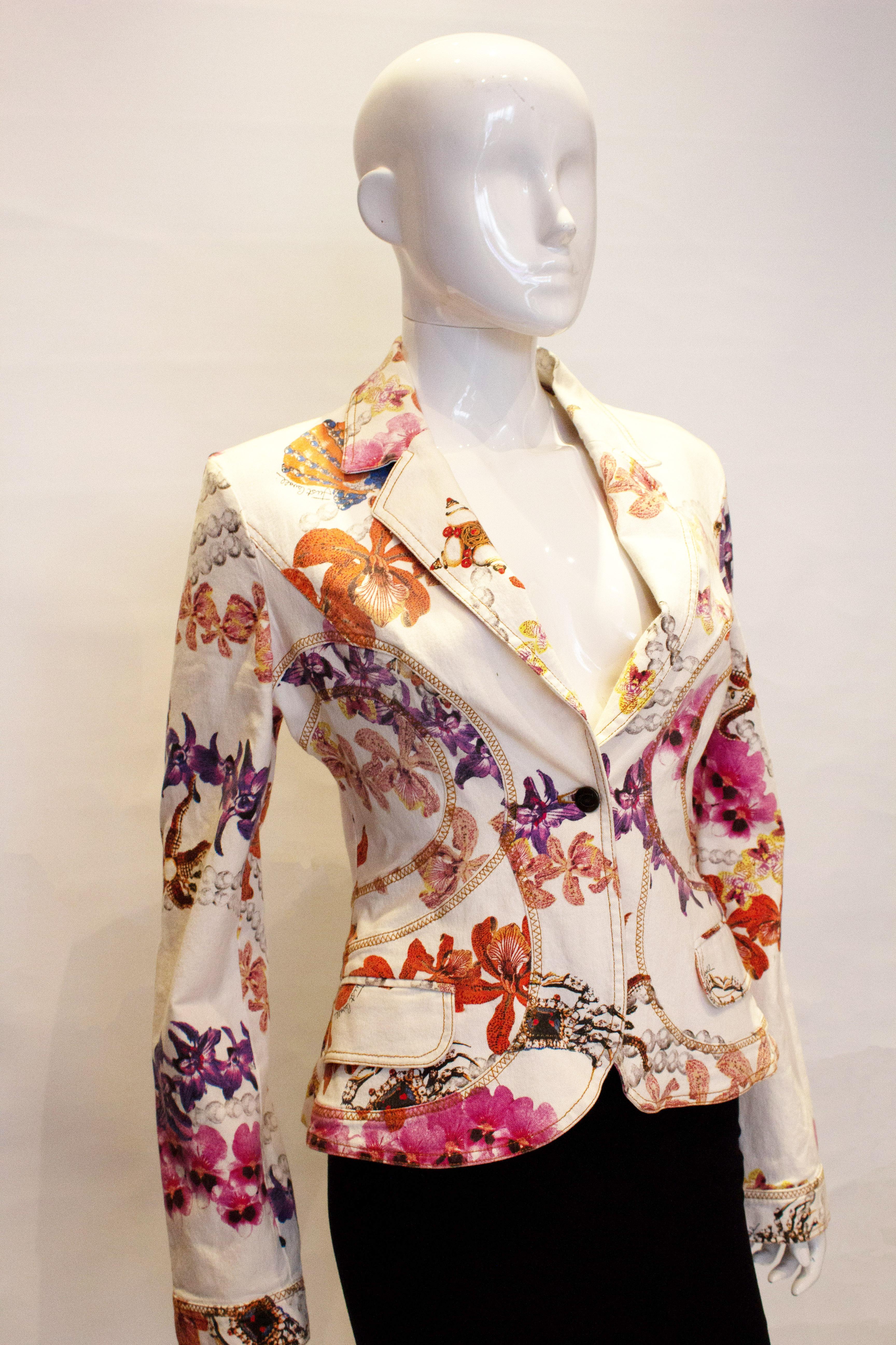 Beige Cavalli Floral Cotton Jacket For Sale