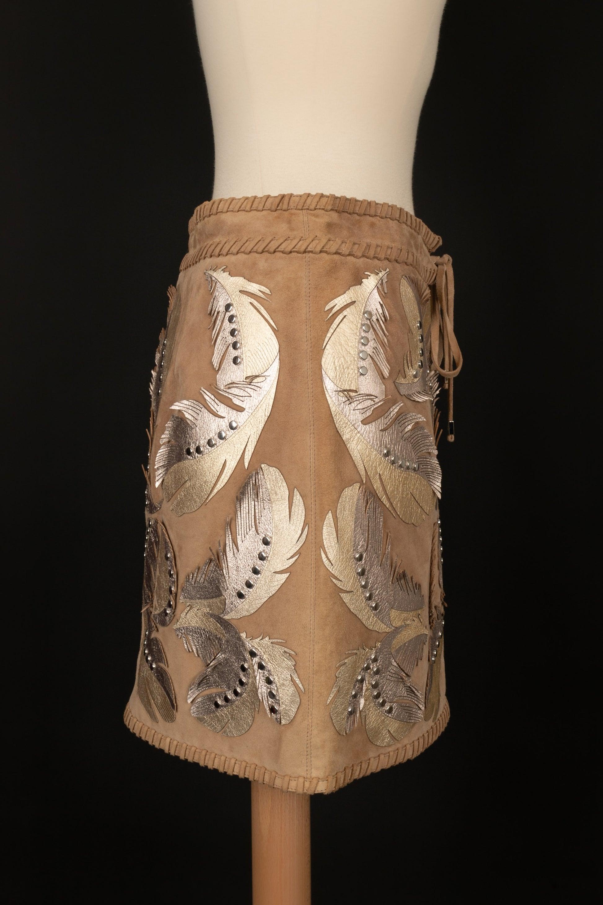 Cavalli Fringed Golden Leather and Suede Skirt In Excellent Condition For Sale In SAINT-OUEN-SUR-SEINE, FR