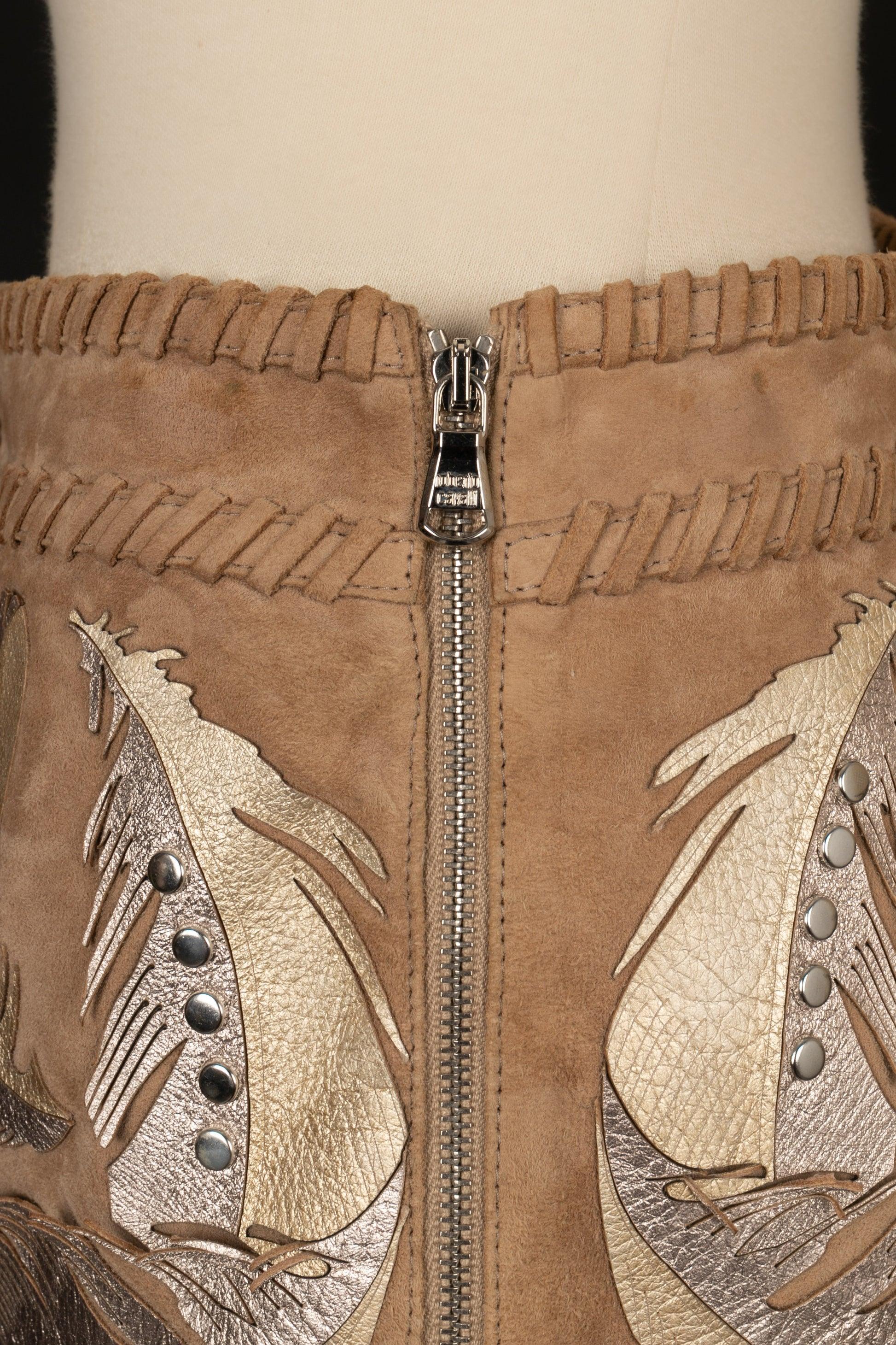 Women's Cavalli Fringed Golden Leather and Suede Skirt For Sale