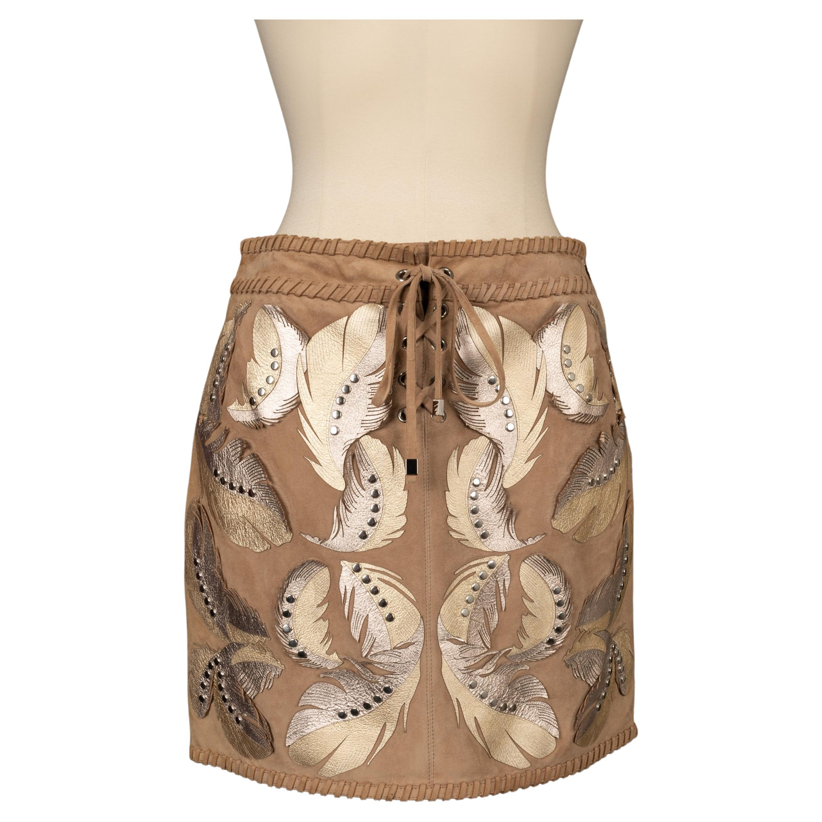 Cavalli Fringed Golden Leather and Suede Skirt For Sale