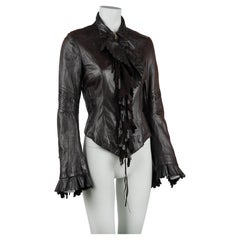 Cavalli FW 2004 Brown Leather Fringed Jacket with Scalloped Trim Size S